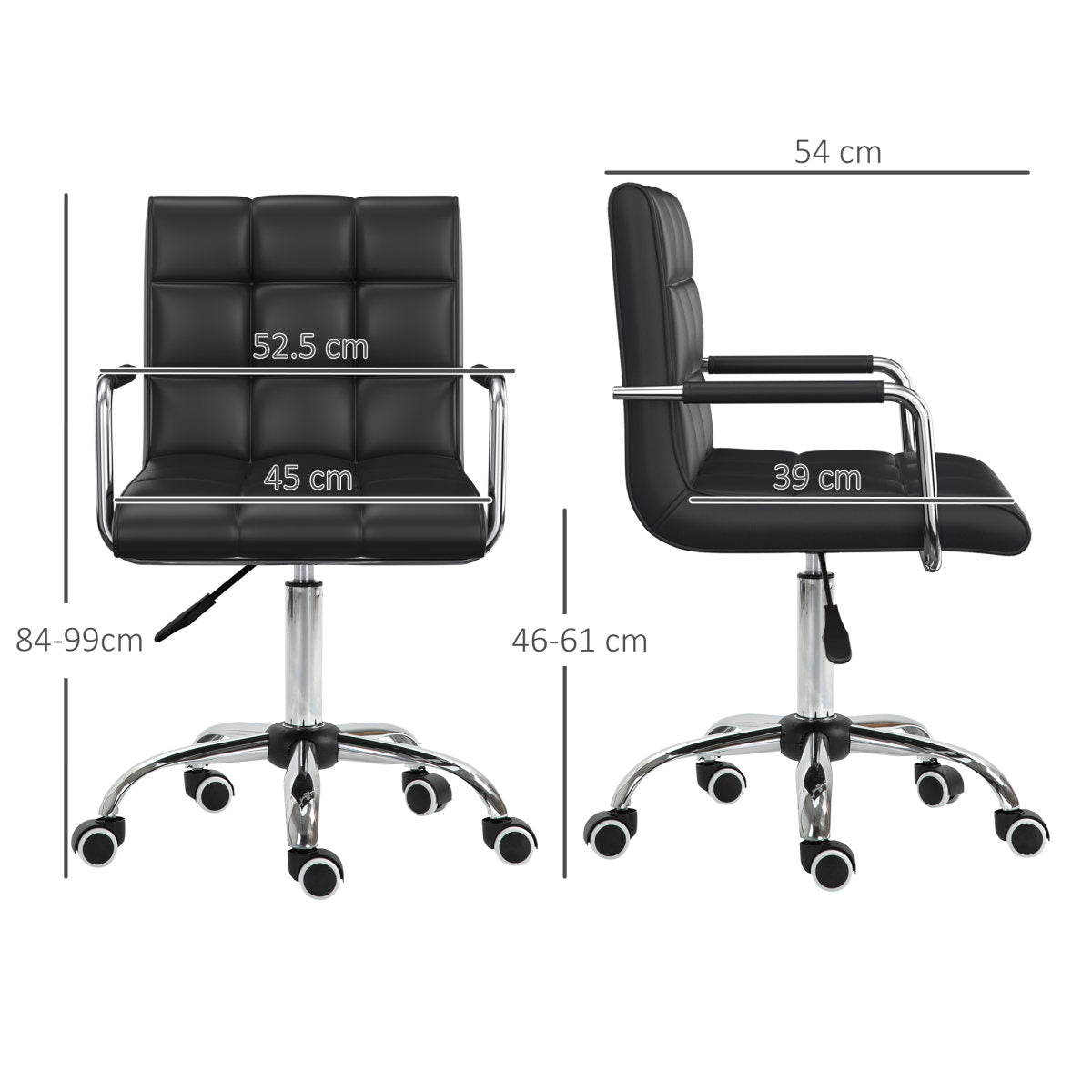 Vinsetto Makeup Vanity Chair, PU Leather Mid Back Office Chair With Adjustable Height, Armrest And Rolling Wheels, Black