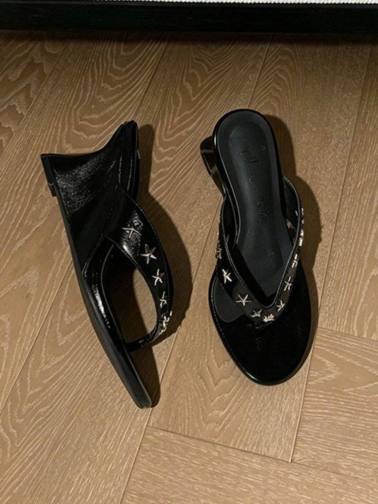 Women's Summer Star Studded Fashion Thong High Heel Slide Sandals, Outdoor Beach Clip-Toe Heeled Flip Flops