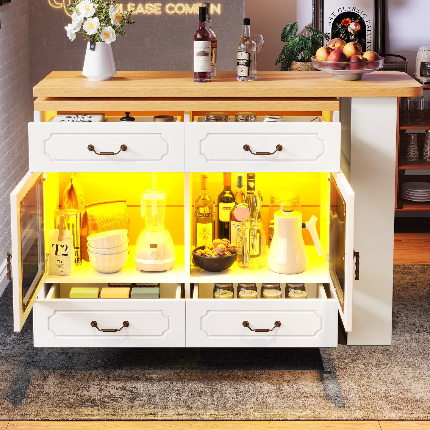 360 Rotating Kitchen Island Bar Table With App Controlled LED Lights, Buffet Sideboard With 4 Drawers & Glass Cabinet, Multifunctional Dining Work Desk For Living Room & Kitchen