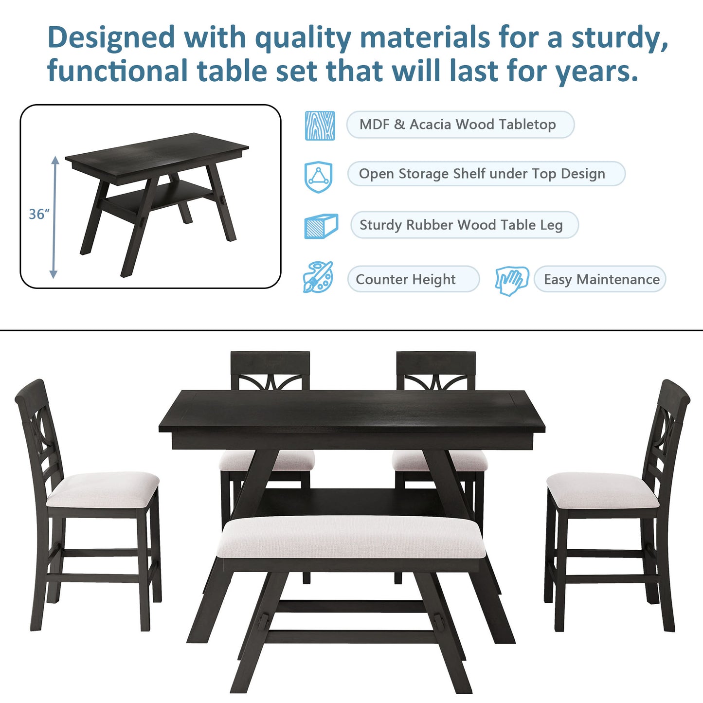 TOPMAX 6-Piece Wood Counter Height Dining Table Set With Storage Shelf, Kitchen Table Set With Bench And 4 Chairs,Rustic Style,Espresso Beige Cushion Old Sku N717S000257AAP