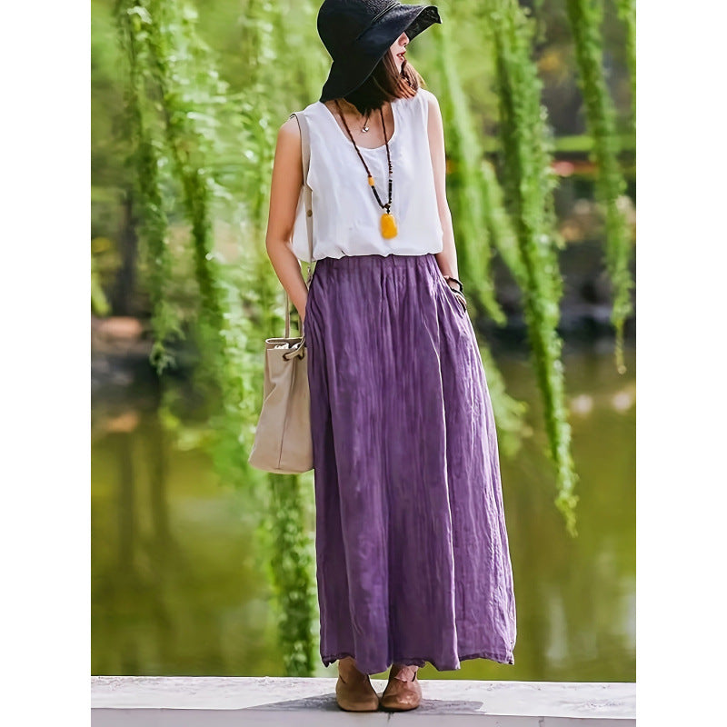 Women's Vintage Style Skirt - A-Line High Waist Cotton Blend Midi Skirt for Casual and Office Wear