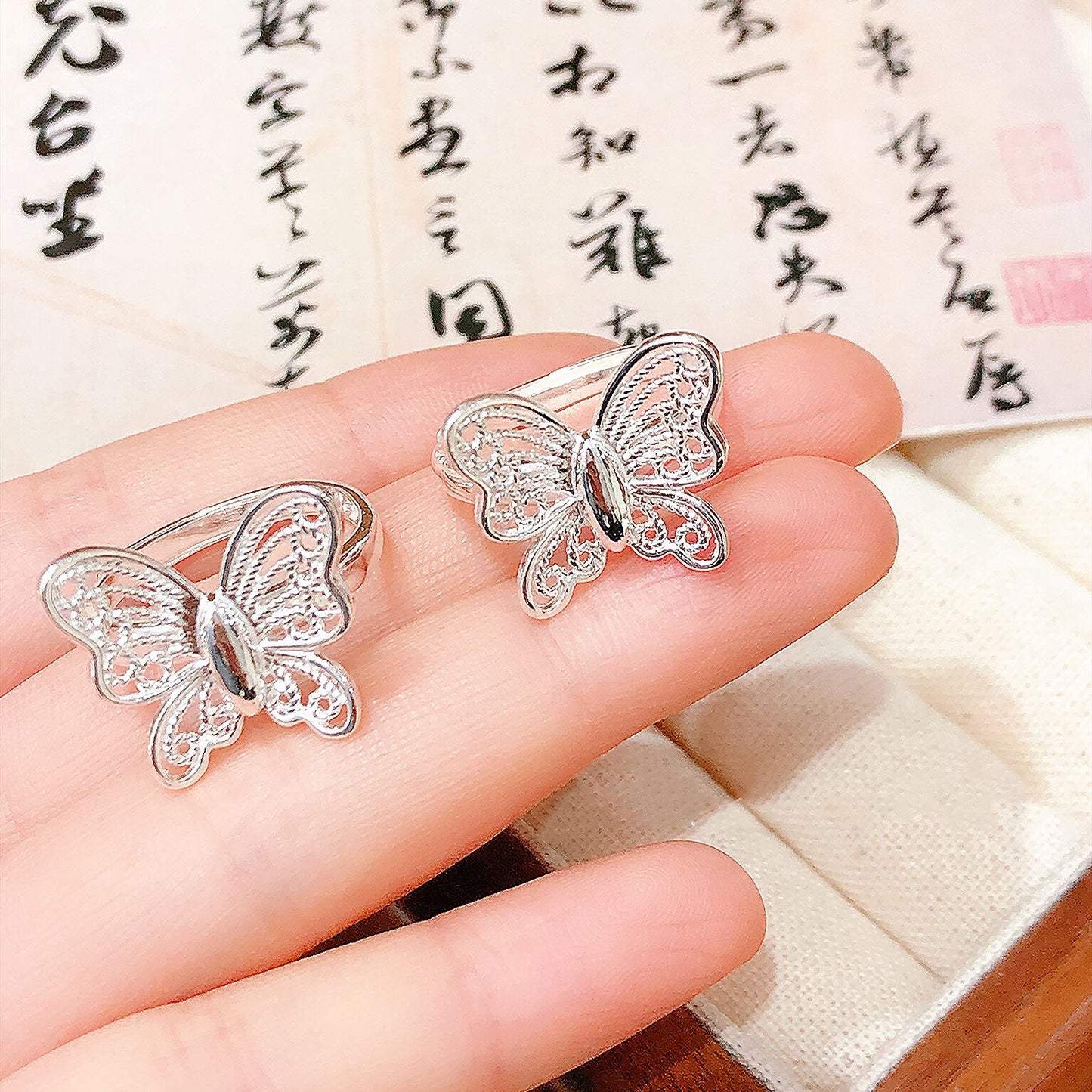 1pcs 990 Sterling Silver Filigree Butterfly Open Ring, Dainty Delicate Style, For Daily Wear & Casual Office Outfits