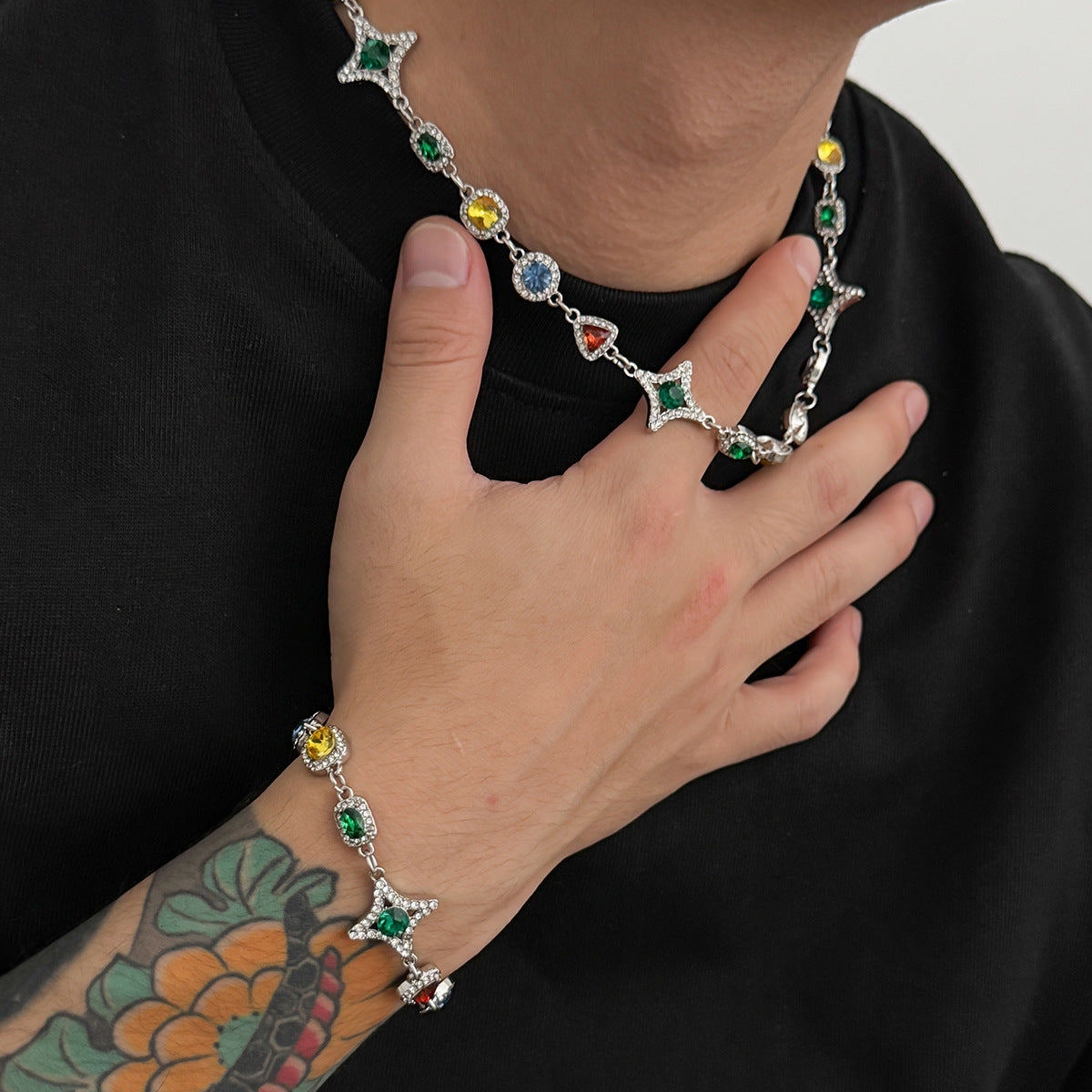 Mens New Colorful Gemstone Cross And Star Set Accessories Necklace