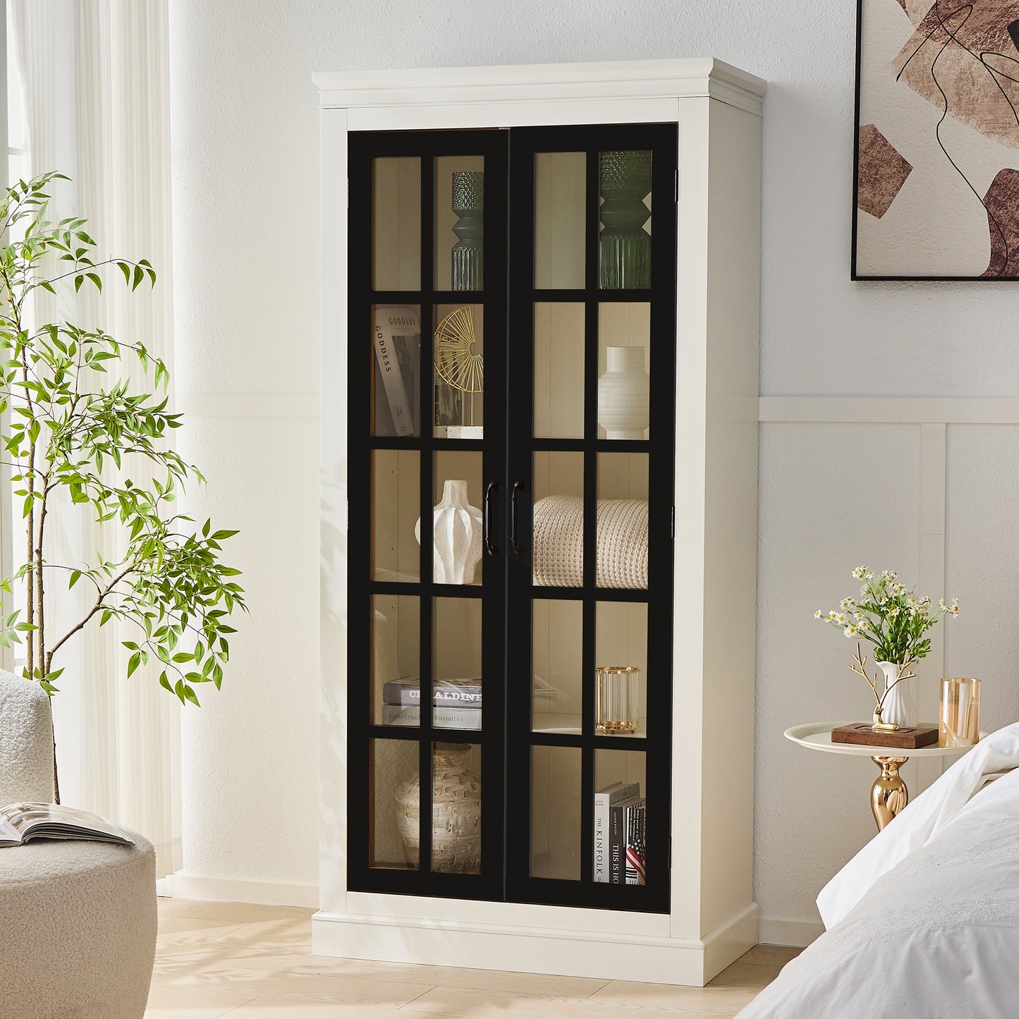 71.2 Freestanding Glass Door Pantry, Farmhouse Style Display Cabinets, Curio Cabinet With Lattice Window For Hallways, Livingroom Kitchen & Office, White & Balck