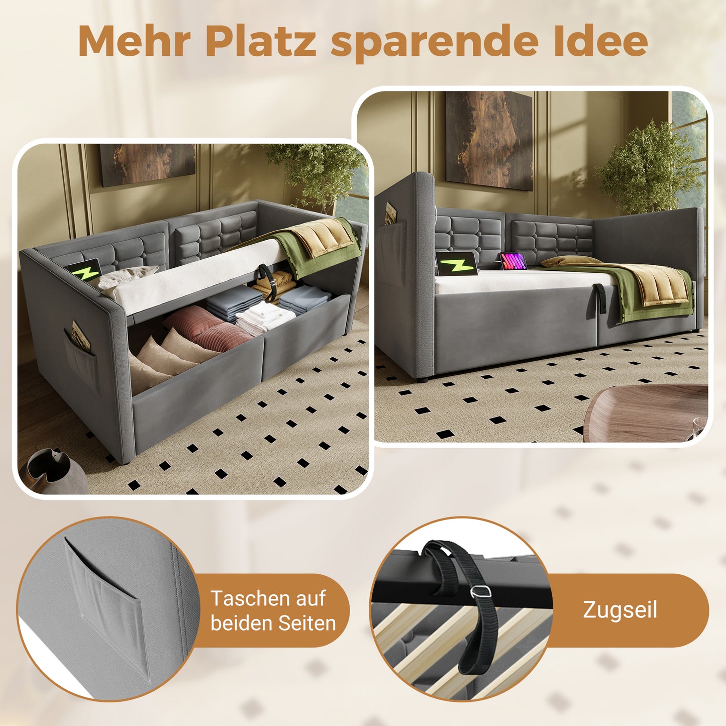 Upholstered Sofa Bed 90x200 Cm, Single Bed Sofa Bed With Hydraulic Storage And USB & Type-C Charging Station, Guest Bed With Wooden Slatted Base, Grey, Velvet, Without Mattress.