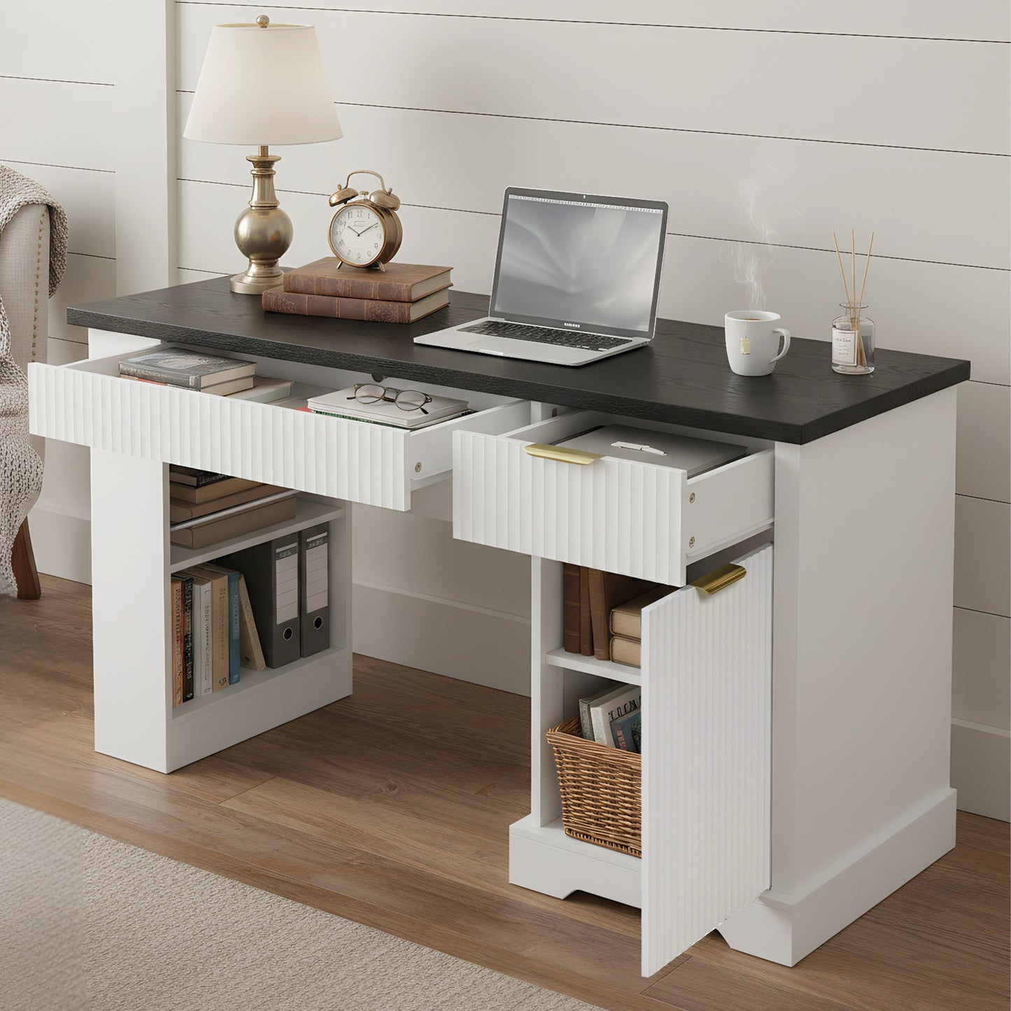 55 Modern Fluted Office Desk With Storage Cabinet Drawers, Computer Writing Desk With Power Outlet, Pegboard, Built-in Shelves And Keyboard Tray For Study, Living Room, Home Office, White