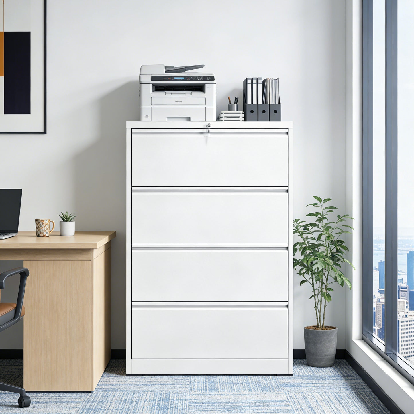 4 Drawer Lateral File Cabinet, Heavy Duty Metal Filing Cabinet, 35.4 Inch Wide Locking File Cabinet For Home Office, Space-Saving Vertical Storage With Anti-Tip Interlock, For Letter Legal A4 Files