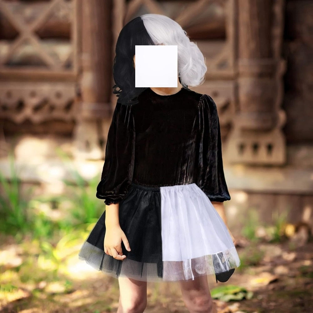 Two-piece Cruella Costume Consisting Of A Black-and-white Tulle Skirt And A Wig, Complete With Ten Hair Clips And Accessories. Perfect For Carnival And Theme Parties—event And Party Supplies.