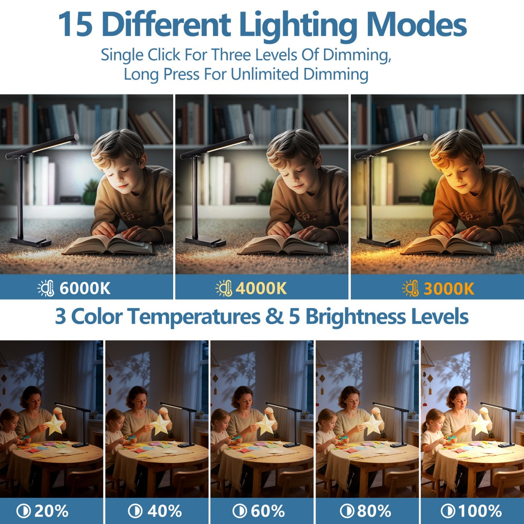 LED Desk Lamp 360 Adjustable, USB Charging Port, 5 Light Modes & Dimmable Brightness, Bedside Lamp For Reading, Craft, Work, Study Black