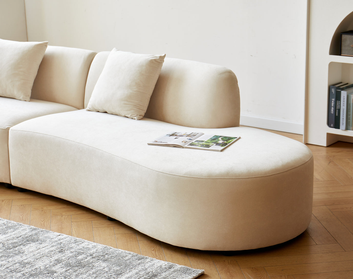 132 Curved Sofa With Throw Pillows, 6 Seater Luxury Velvet Couch With Half Moon Design And High-Density Foam, Ideal For Modern Living Room, Office & Apartment, Ivory
