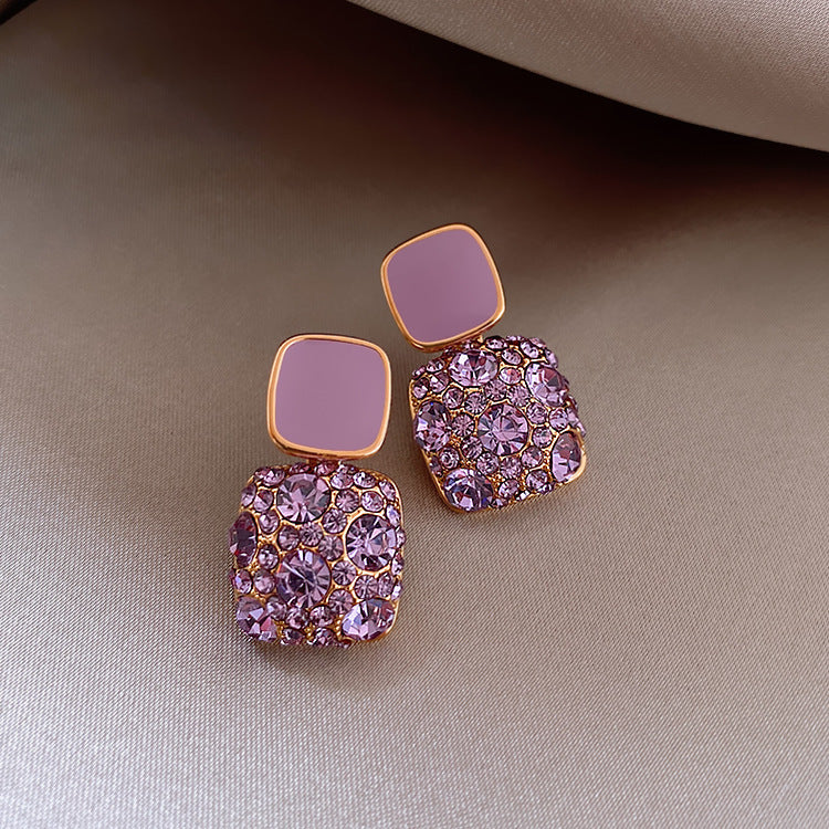 Korean Retro Purple Square Full Rhinestone Enamel Dangle Earrings, New Trendy Temperament Internet Celebrity Stud Earrings For Women