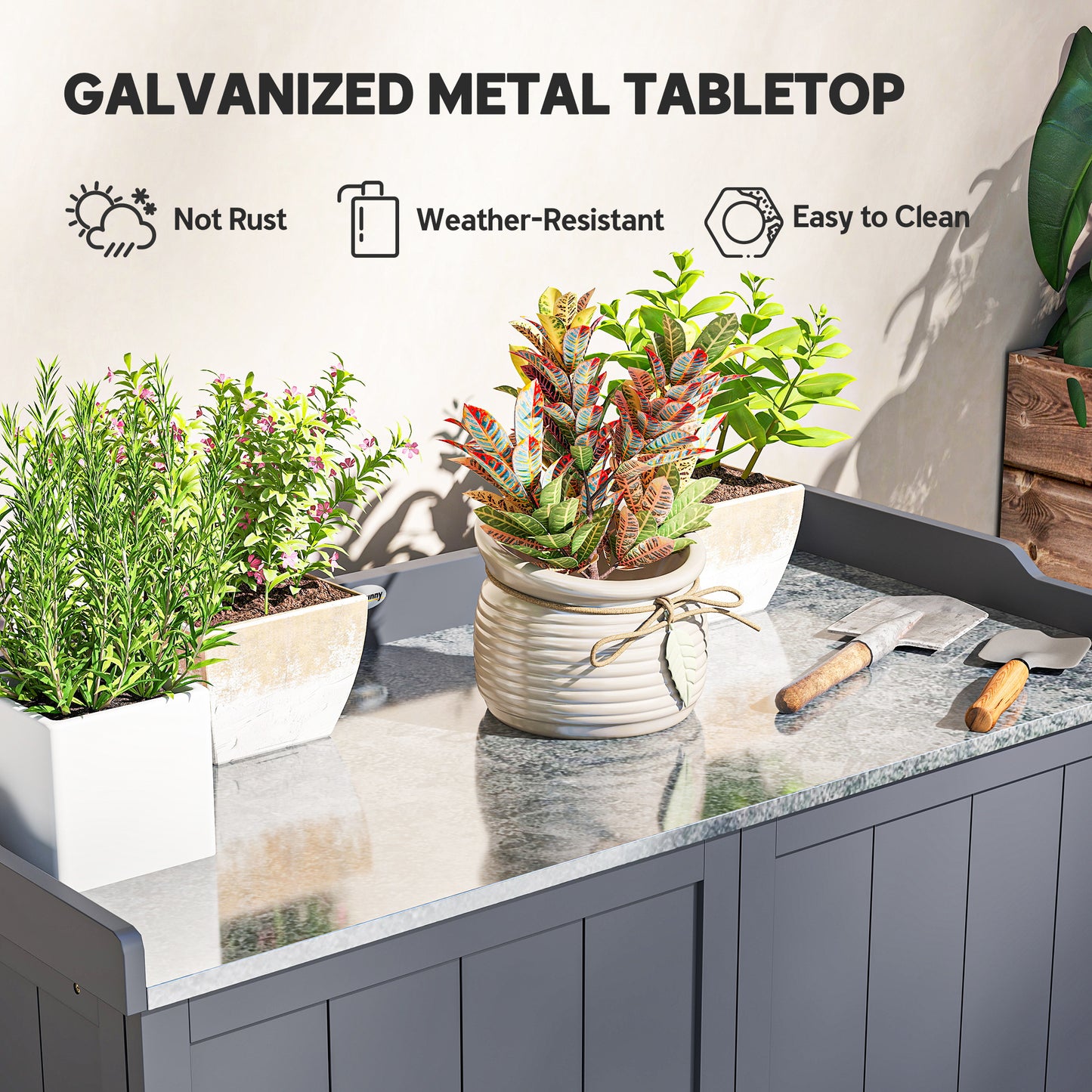 Wood Garden Storage Cabinet, Outdoor Tool Shed, Potting Bench Table With Galvanized Top And Two Shelves For Yard Tools Or Pool Accessories, Grey