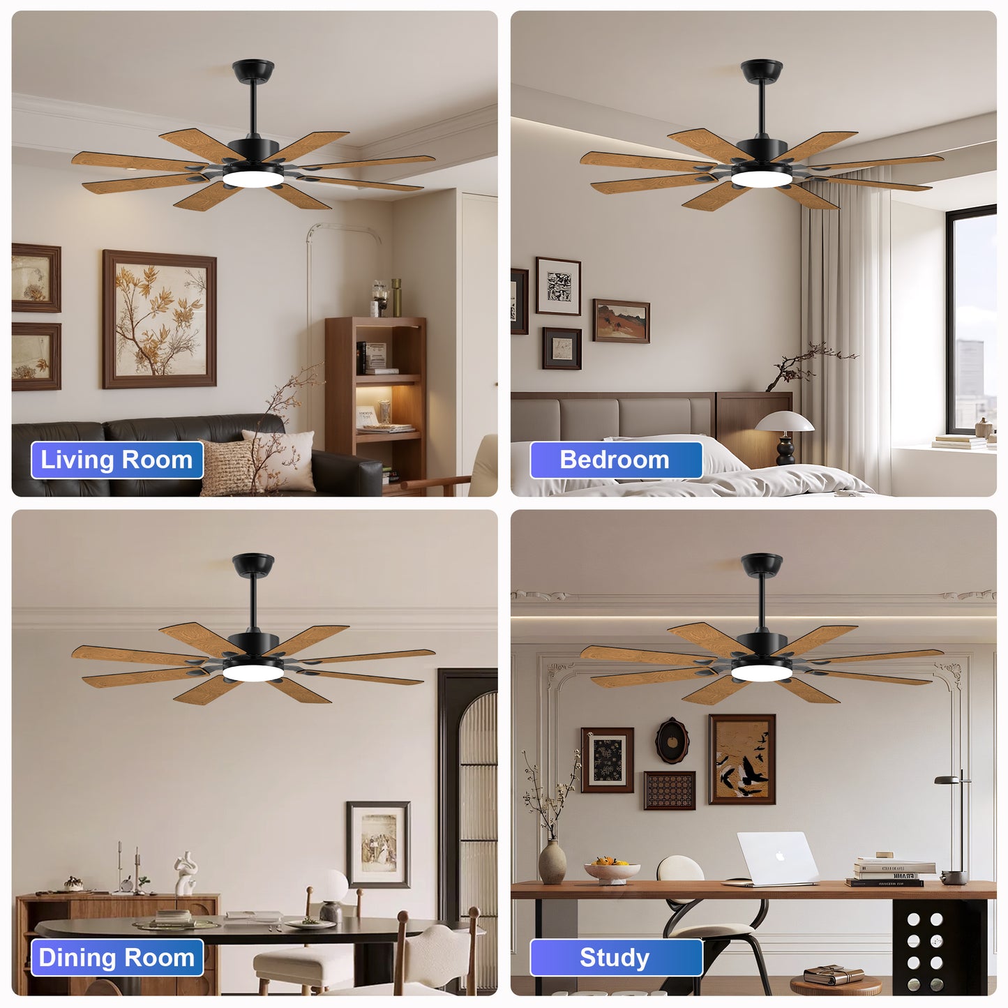 52 Inch Ceiling Fan With Lights And Remote Control, 8 Plywood Blades, 6-Speed Noiseless Reversible DC Motor, 3CCT, Windmill Ceiling Fan For Kitchen Bedroom Living Room, Black