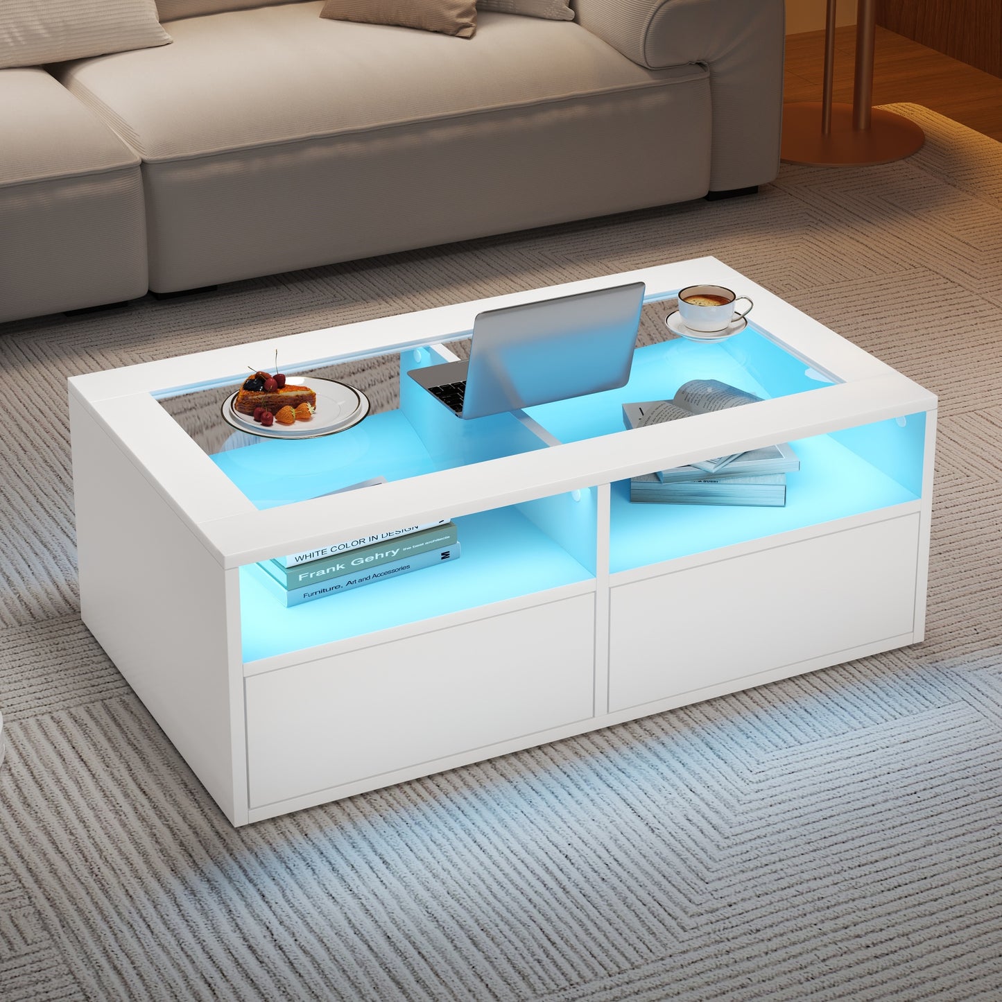 100x50x35cm Coffee Table With LED Light, Sofa Table With 2 Drawers, Glass Living Room Table, Tea Table Double Layer Design, Open Storage Space, Living Room Side Table, White