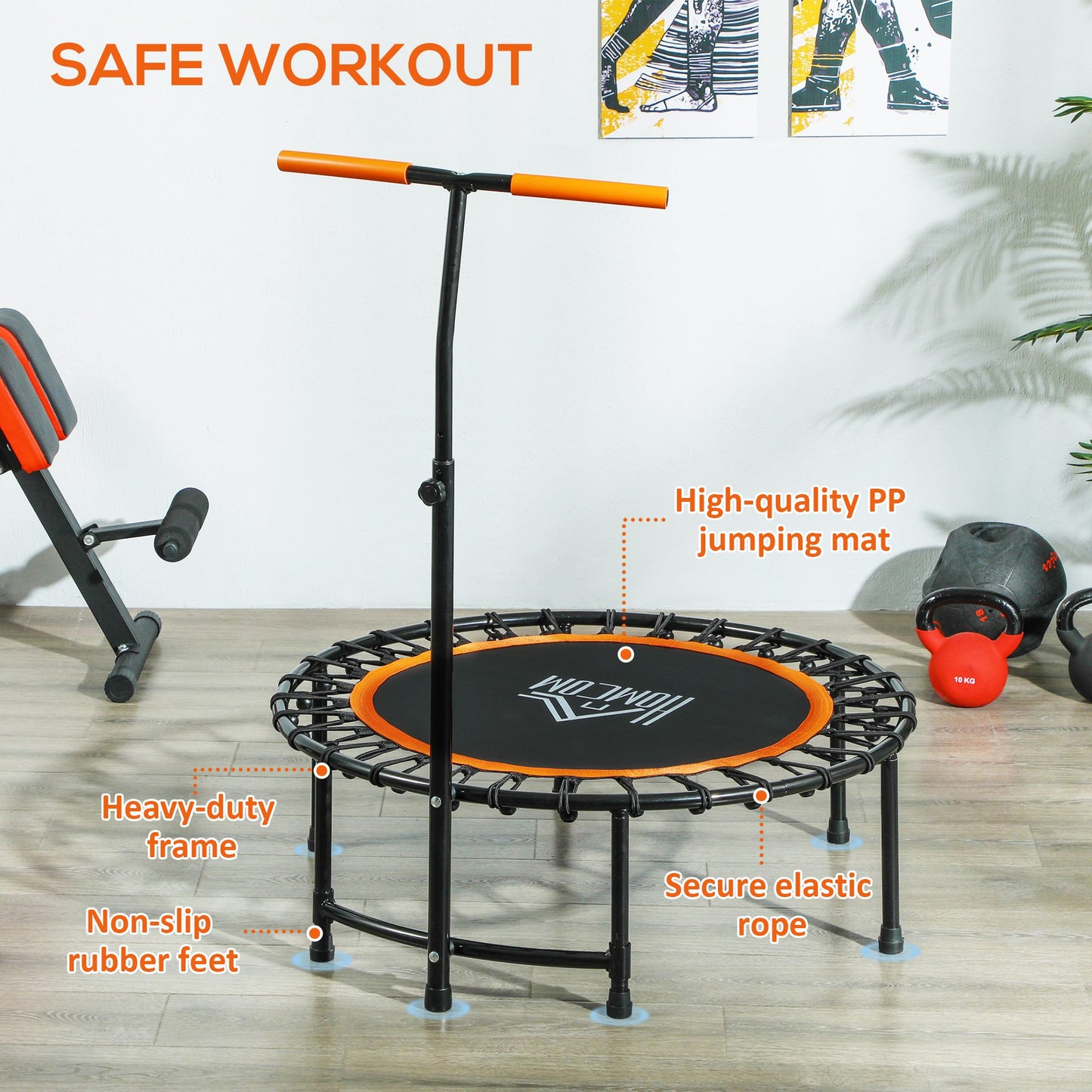 40" Fitness Trampoline With Adjustable Handle, Rebounder Trampoline, Mini Jumper For Indoor Exercise Workout, Orange