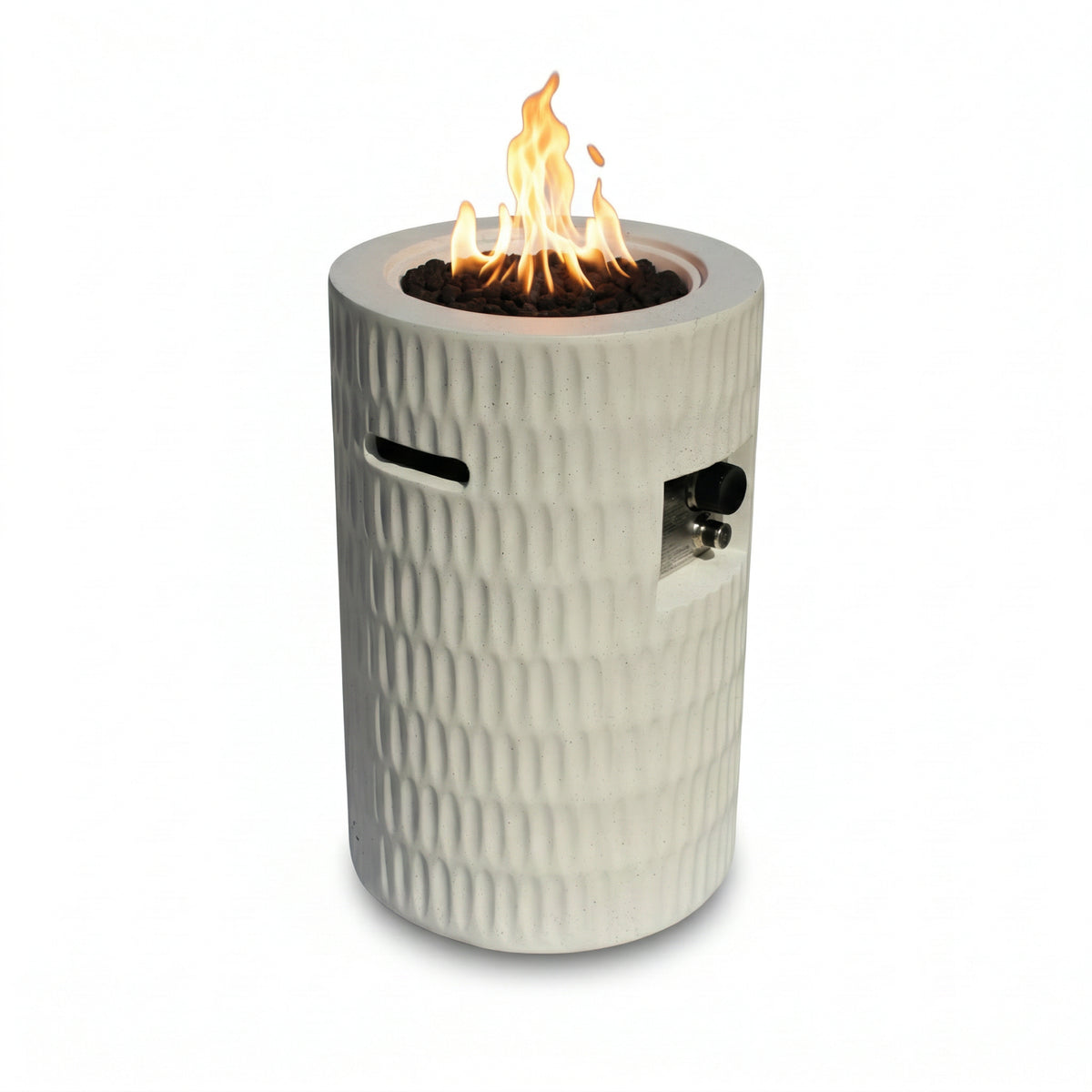 26 Propane Fire Pit, Outdoor Gas Patio Fire Pit 40,000 BTU, Cylindrical Concrete Fire Pit With Hidden 20lb Tank Storage, Modern Textured Fire Column, Includes Lava Rocks & Waterproof Cover -Beige