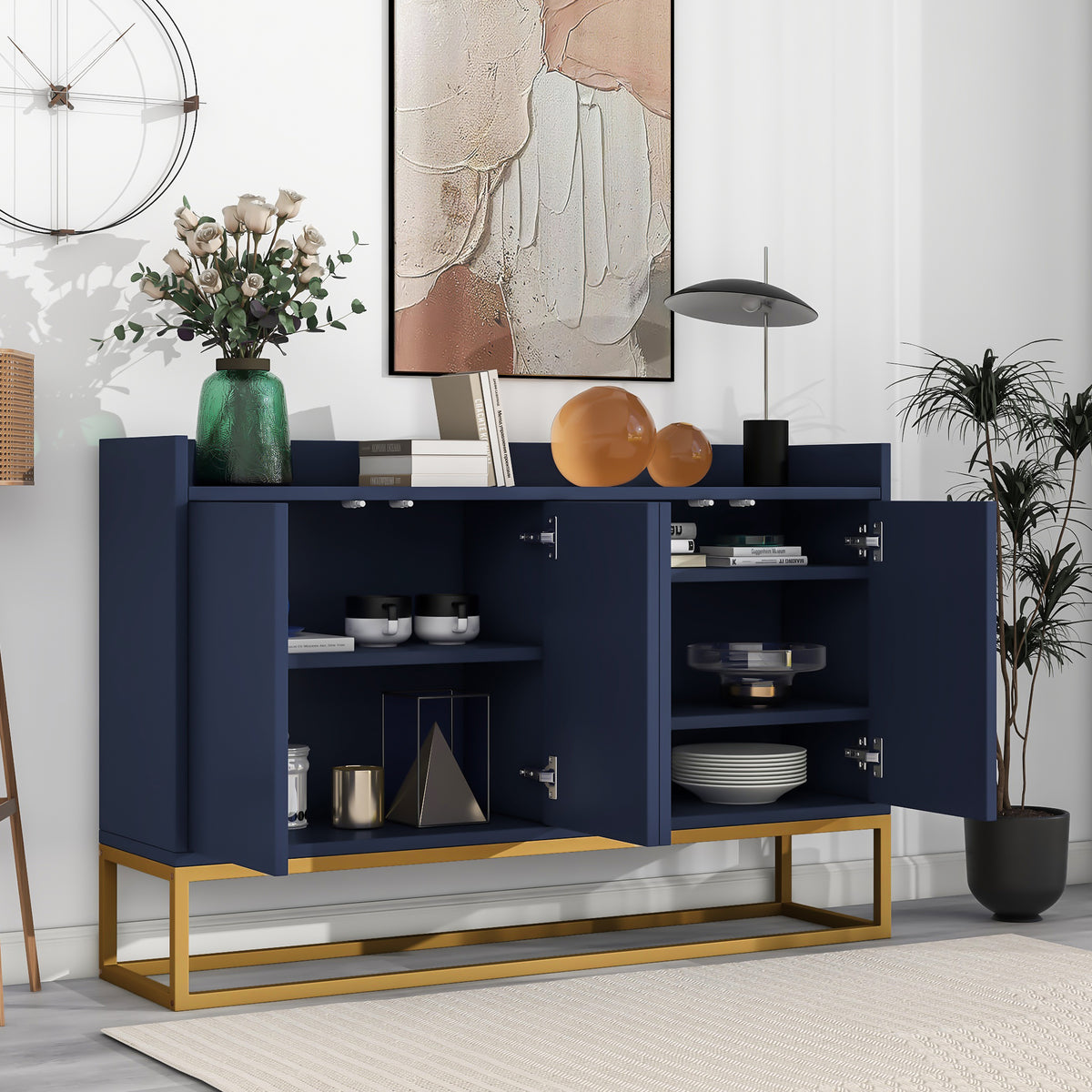 Modern Minimalist Style Sideboard 4 Door Handleless Buffet Cabinet For Dining Room, Living Room, Kitchen Navy Blue