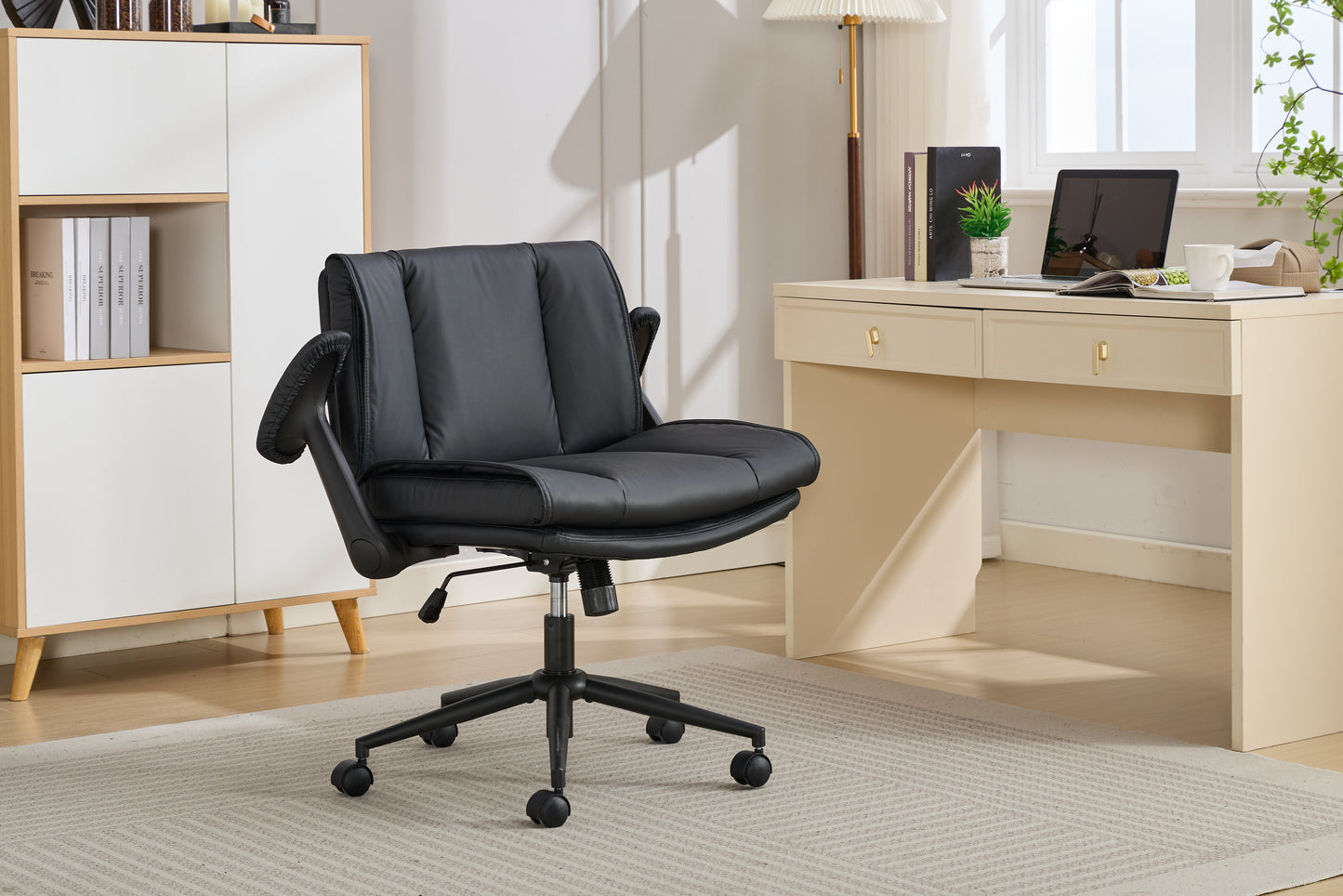 With Flip-Up Armrests Leather, Cross Legged Office Chair On Wheels, Comfy Swivel Chair With Wide Seat For Home Office, Vanity, Ergonomic Desk Chair Adjustable, Black