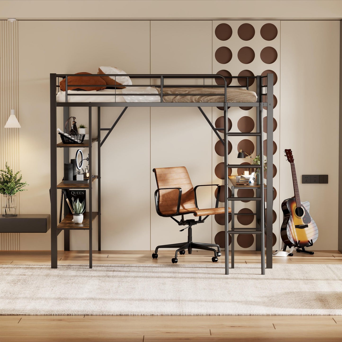 90x200cm Bed Frame Metal Bed, Iron Bed, Loft Bed With Desk And Three Large Shelves For Children, Teenagers And Adults, 90x200 Cm, Black