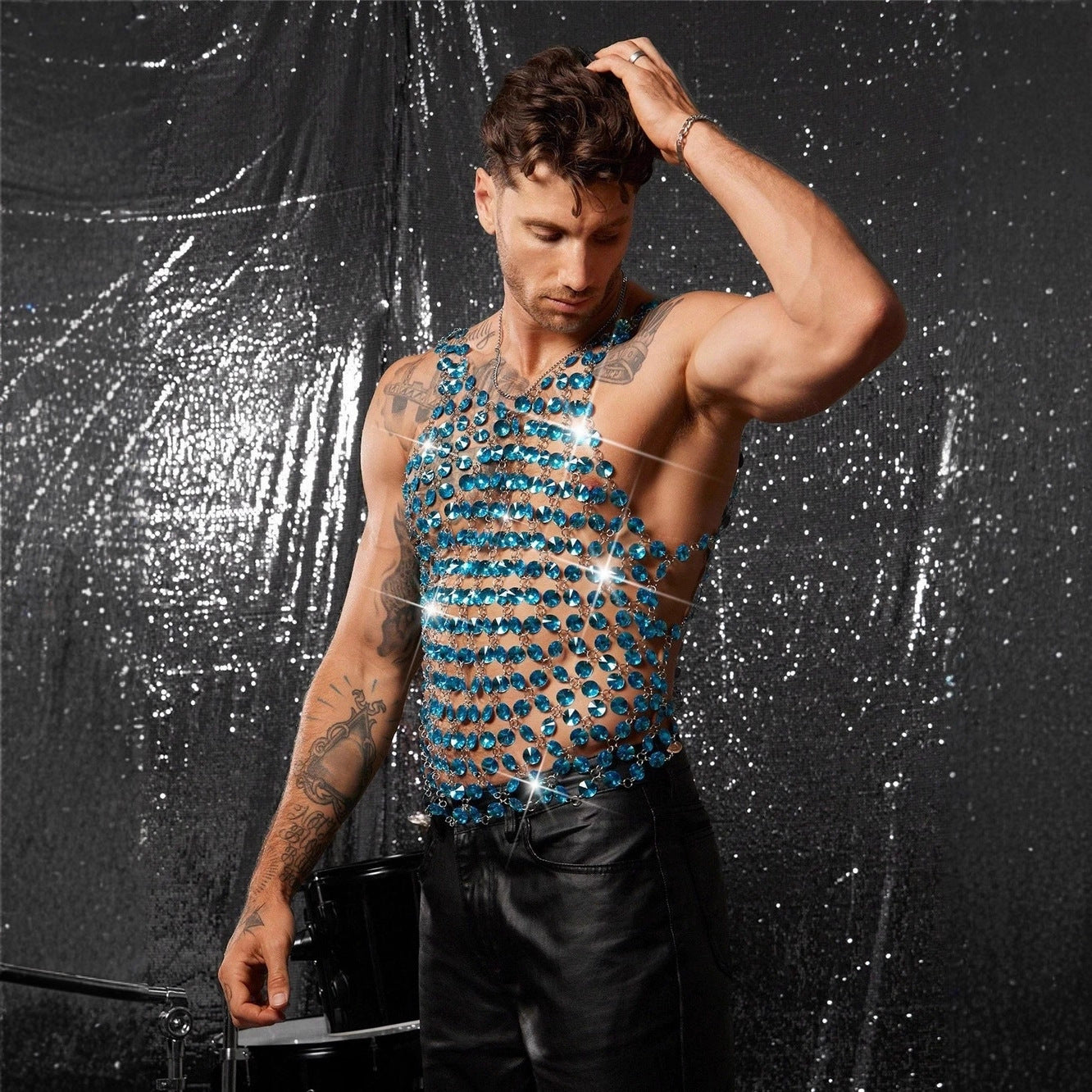 Mens Body Chain Spliced With Blue Gemstones, Metal Hollowed-Out Tank Top