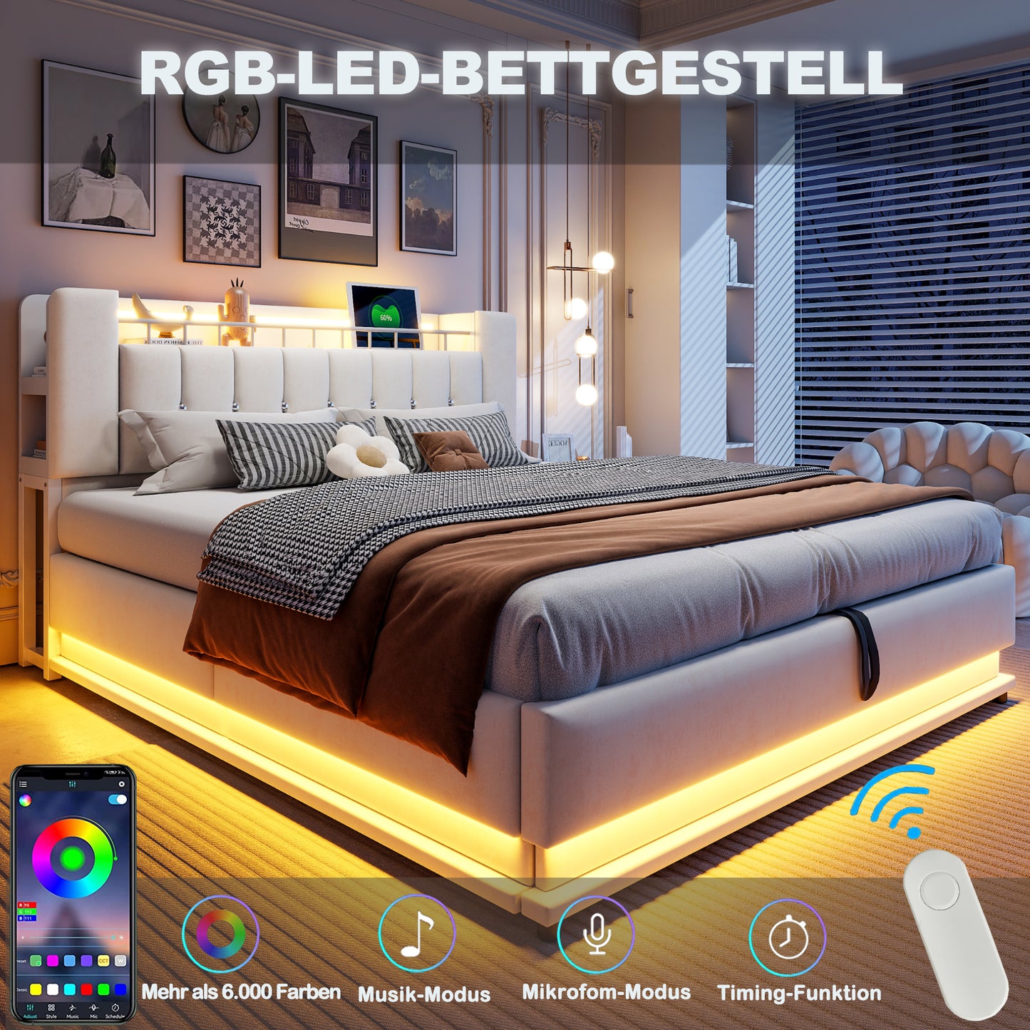 Smart Upholstered Bed 180 X 200 Cm With LED Lighting, USB And Hydraulic Storage, Soft Velvet Cover And Metal Frame, Beige