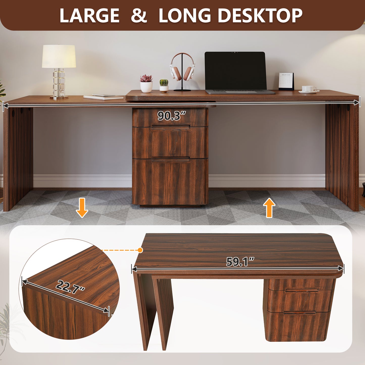 90 Modern L Shaped Desk In Walnut With 3 Drawers,360 Wood Rotating Desk,Executive Office Desk,Corner Desk,Office Study Workstation,for Home Office Or Living Room