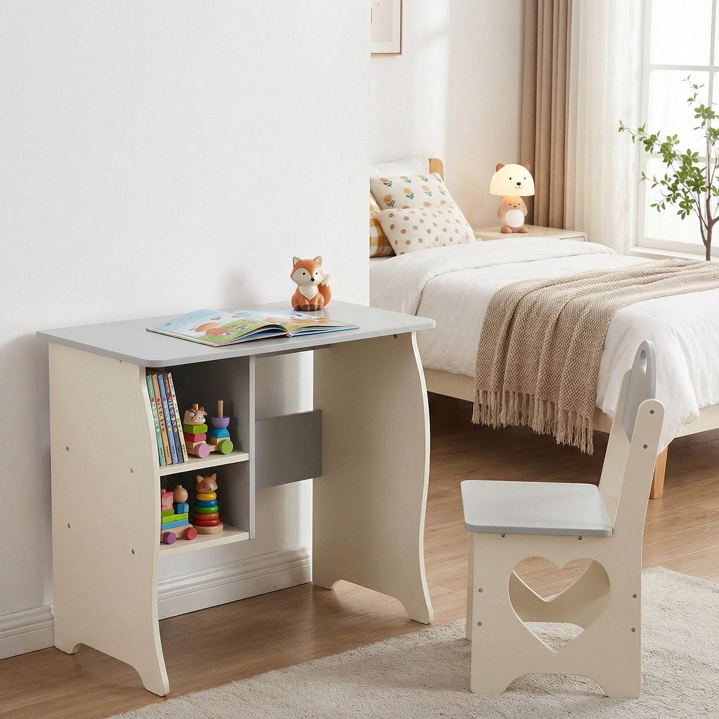 Kids Desk And Chair Set Multifunctional White And Grey Toddler Student Writing Table Set For Home School
