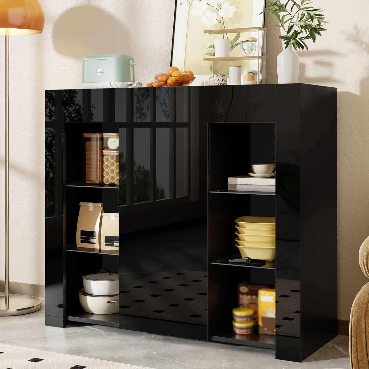 Modern Black Buffet With High Gloss Front Compact, Stylish Storage Solution With Glass Shelves And Cabinet Door For Living Room, Dining Room Or Kitchen 95x35x83 Cm