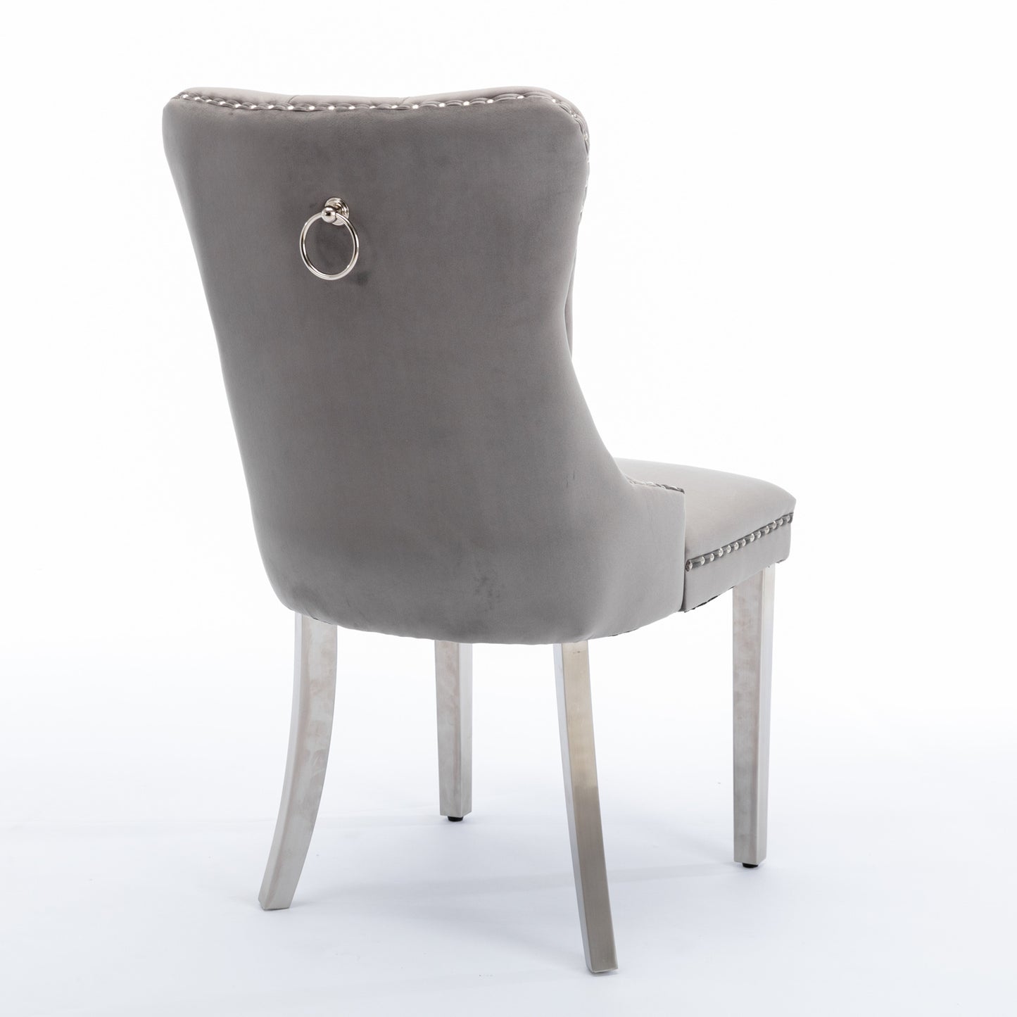 A&A Furniture,Nikki Collection Modern, High-end Tufted Solid Wood Contemporary Velvet Upholstered Dining Chair With Chrome Stainless Steel Plating Legs,Nailhead Trim,Set Of 2,Gray And Chrome,DE1701GY
