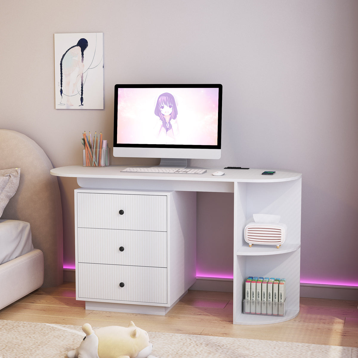 Modern Home Office Table,Expandable Desk With Storage Drawers & Open Shelf,Computer Desk With Hutch & Bookshelf,Wood Executive Desk Teens Student Desk Writing Laptop Home Office Desk