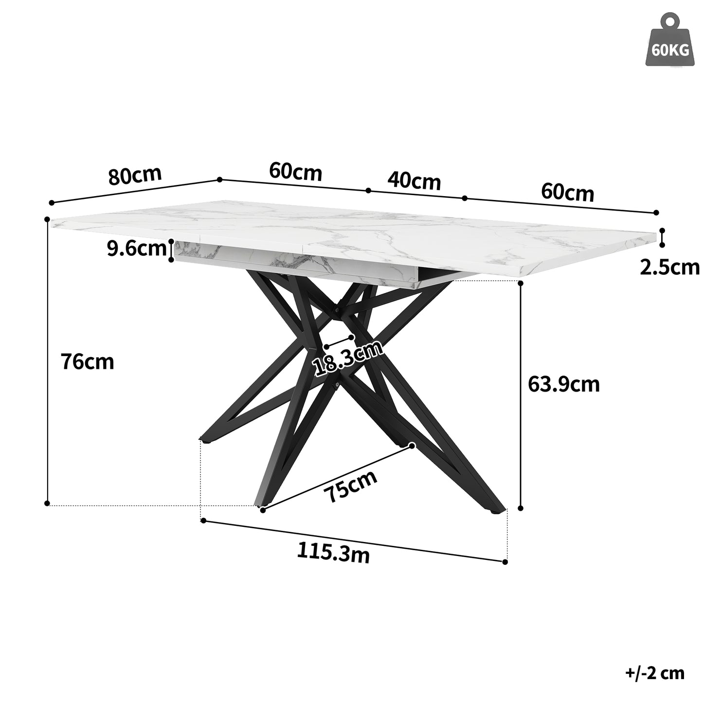 Extendable Dining Table 120 160 X 80 Cm, Extendable Kitchen Table, Breakfast Table, Star-shaped Table Legs, Black Iron Legs, Walnut Imitation Marble Tabletop