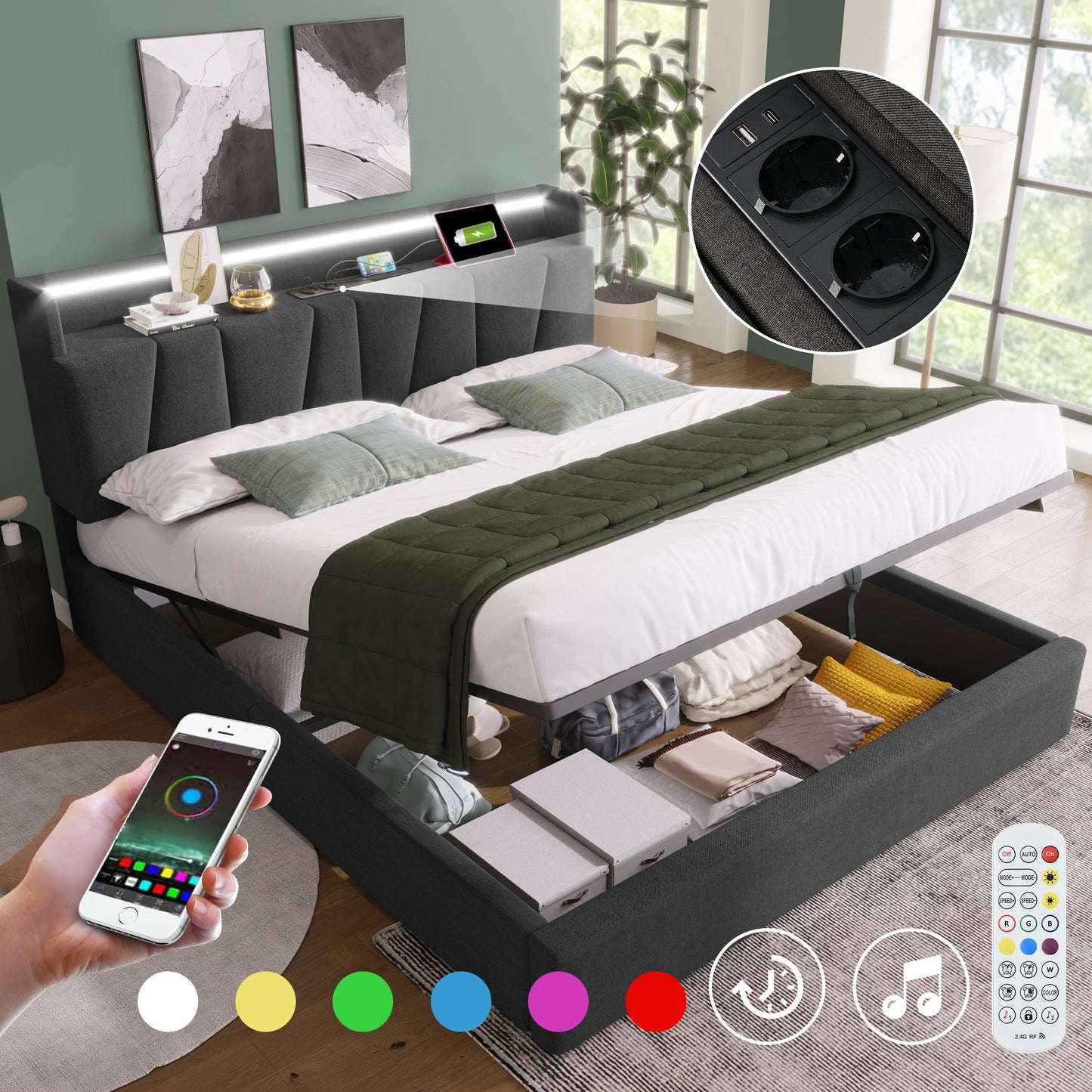Upholstered Bed Double Bed With Charging USB Charging Function Storage Headboard And LED Lighting, Double Bed 140x200cm Storage Beds Bed Frame, Wooden Slatted Base, Grey Without Mattress