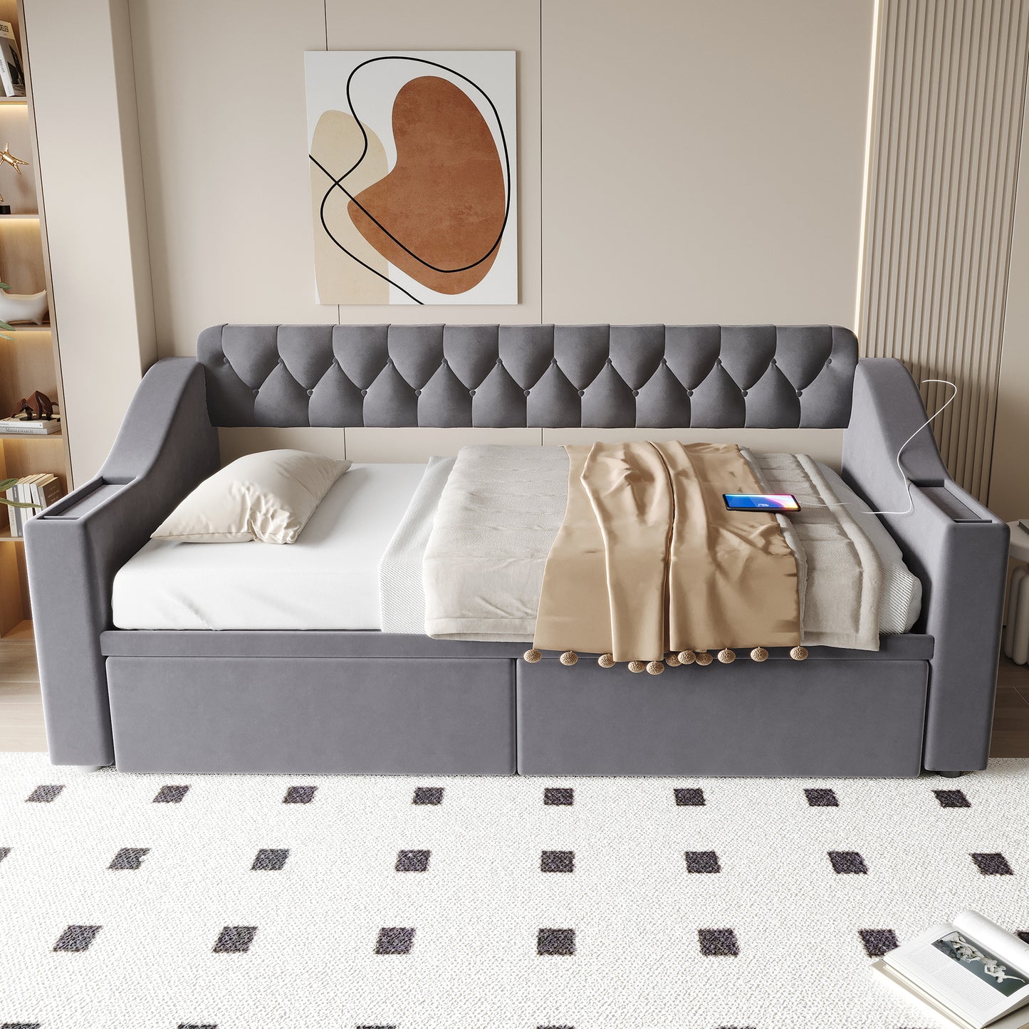 Upholstered Bed Sofa Bed 90x190 Cm, Wider And Thicker Armrests With USB Charging Port, Integrated Shelf In The Armrests, With Storage Pockets, With Storage Drawer, Velvet Fabric, Dark Grey