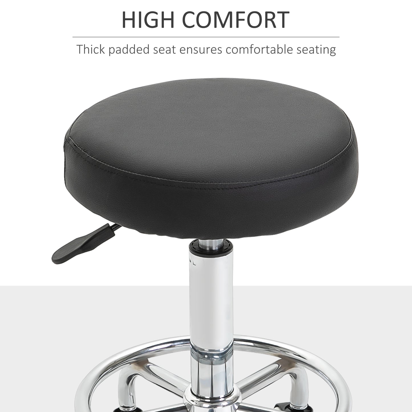 Vinsetto Round Rolling Stool, PU Leather Height Adjustable Stool Chair With Wheels And Swivel Seat For Salon, Massage, Spa, Home Kitchen, Black