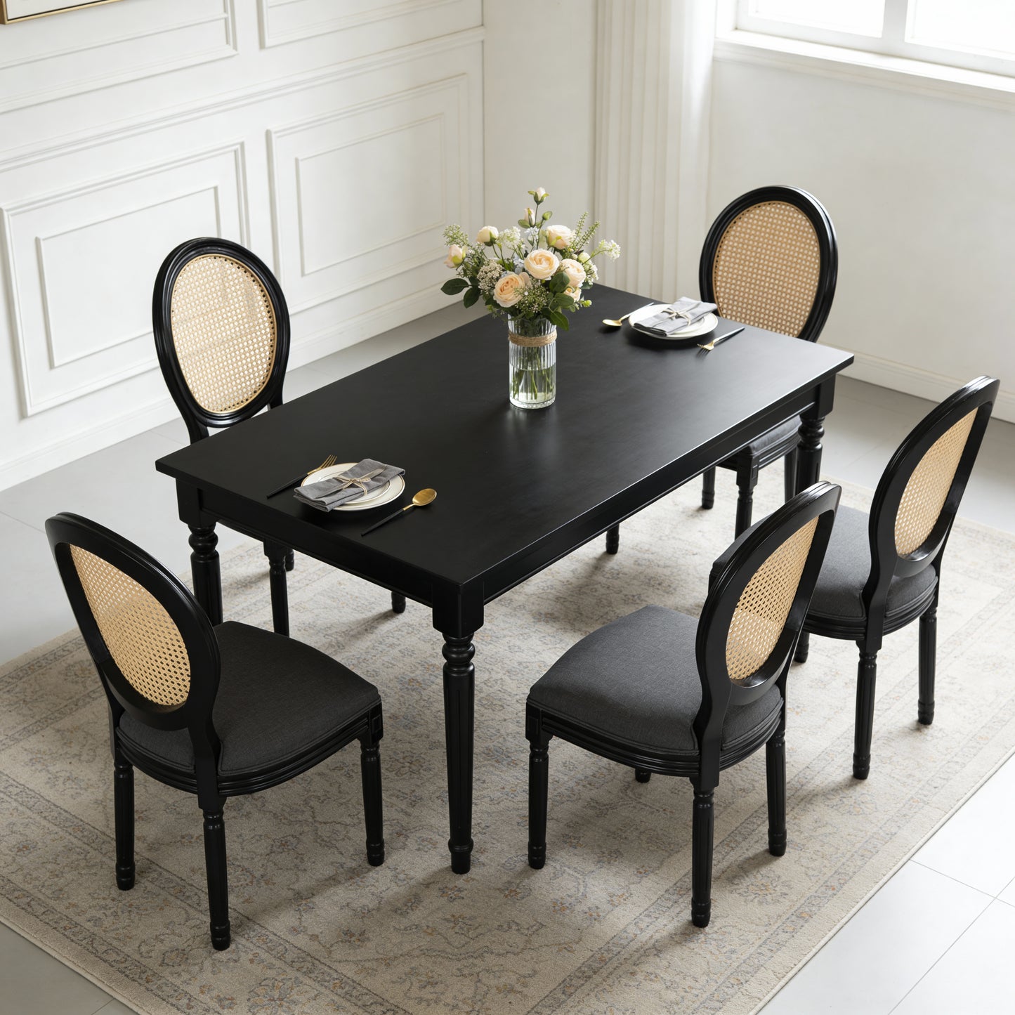 French Country Dining Chairs Set Of 2, Upholstered Chairs With Rattan Round Back, For Living Room, Kitchen , Restaurant Use, Black Solid Wood Frame, Dark Grey Fabric