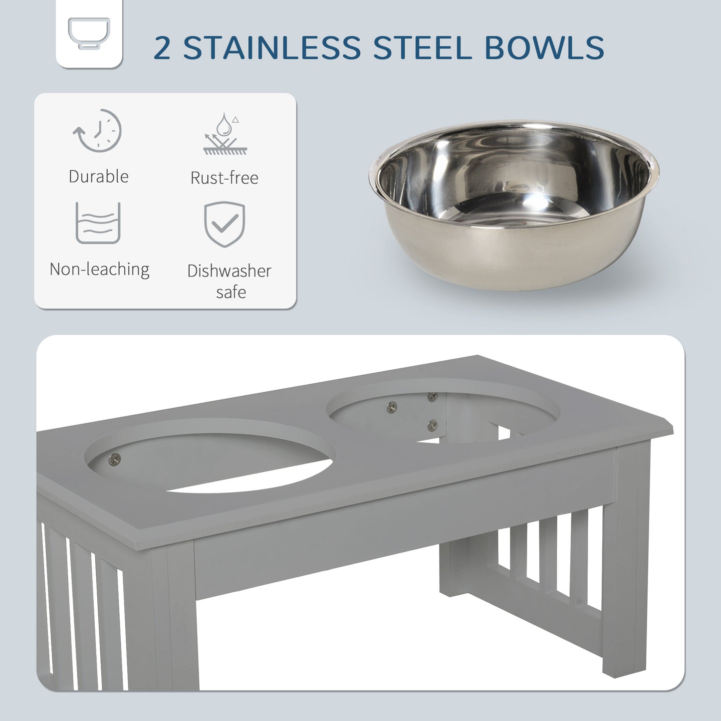 PawHut Raised Dog Feeding Bowls With Stand, Stainless Steel For Extra Small And Small Dog, 44L X 24W X 15H Cm - Grey