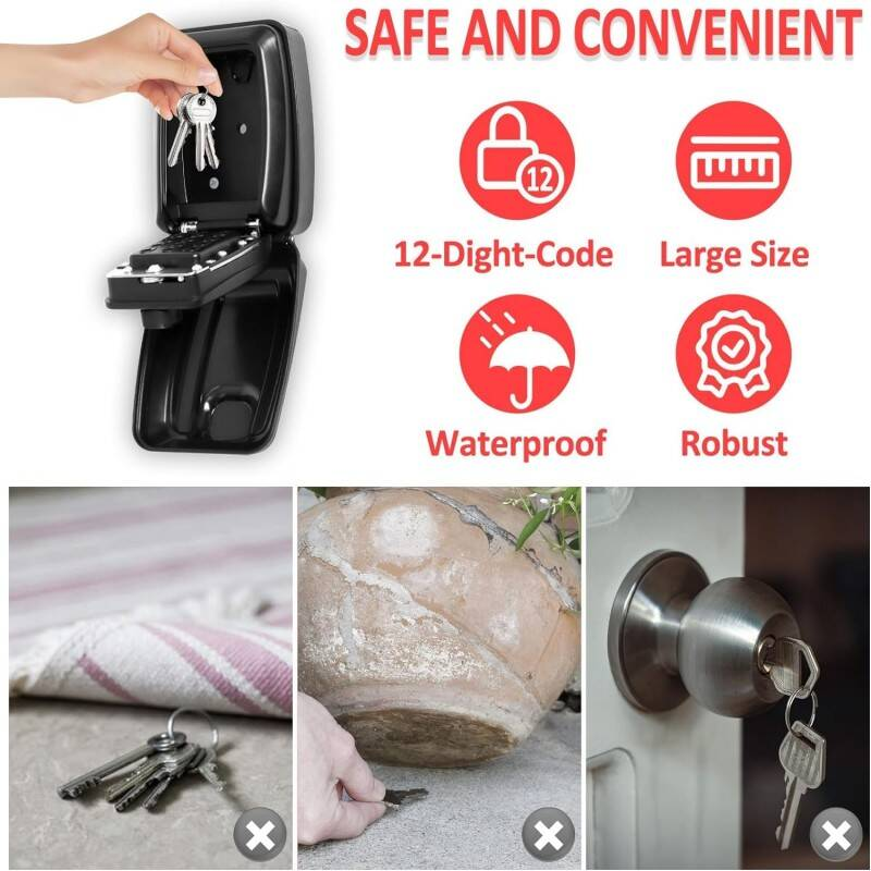 Heavy Duty Outdoor Key Safe - 12 Digit Combination Lock Box Wall Mounted - Weatherproof Key Storage For Home Office Garage - Holds 5-8 Keys With Anti-Tamper Protection