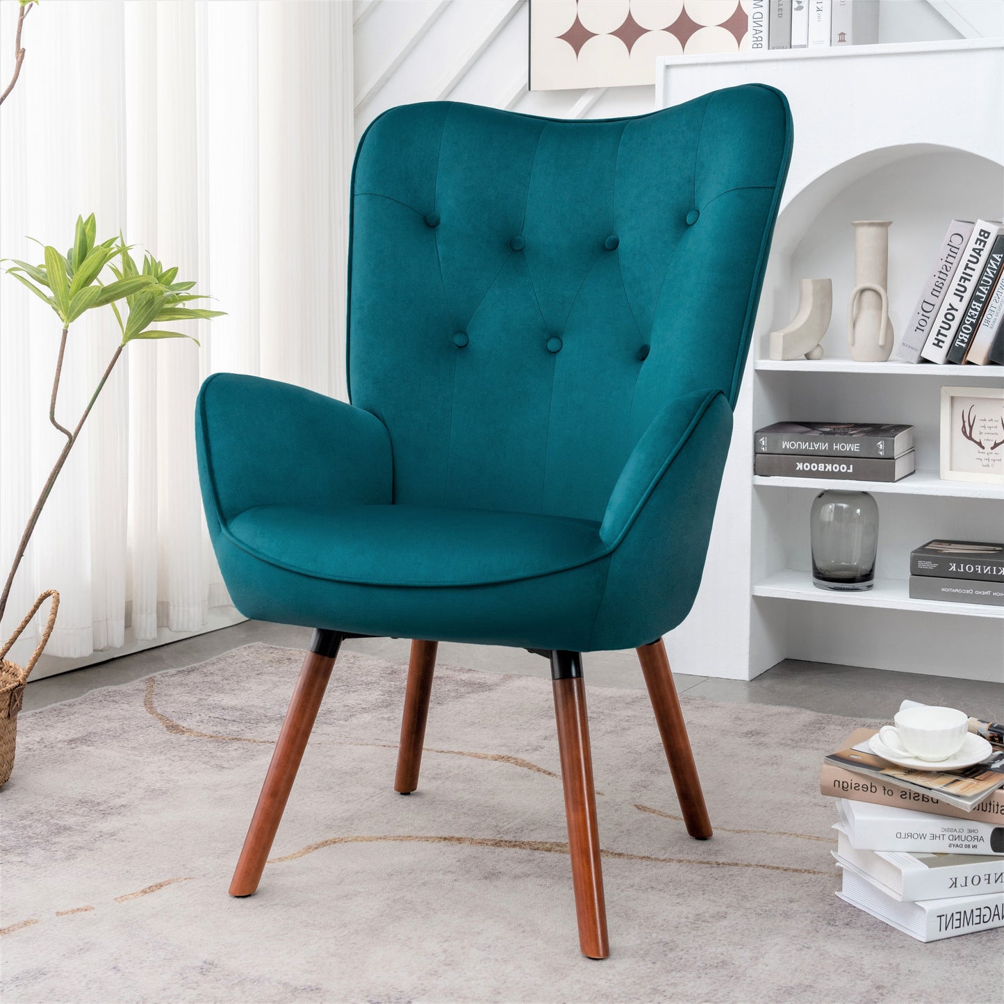 Mid-Century Modern Wingback Accent Chair, Button-Tufted Polyester Fabric Armchair With Solid Wood Splayed Legs For Living Room Bedroom Home Office