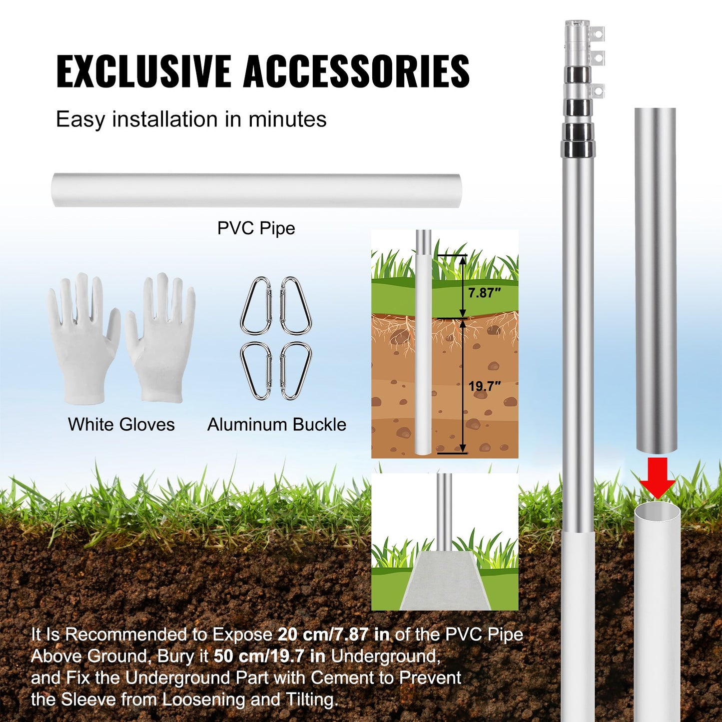 20FT Telescoping Flag Pole Kit, Heavy Duty Aluminum Alloy In Ground Flag Poles For Outside, 3 Display Modes Flagpole With 3x5 American Flag, Professional Accessories, Silver