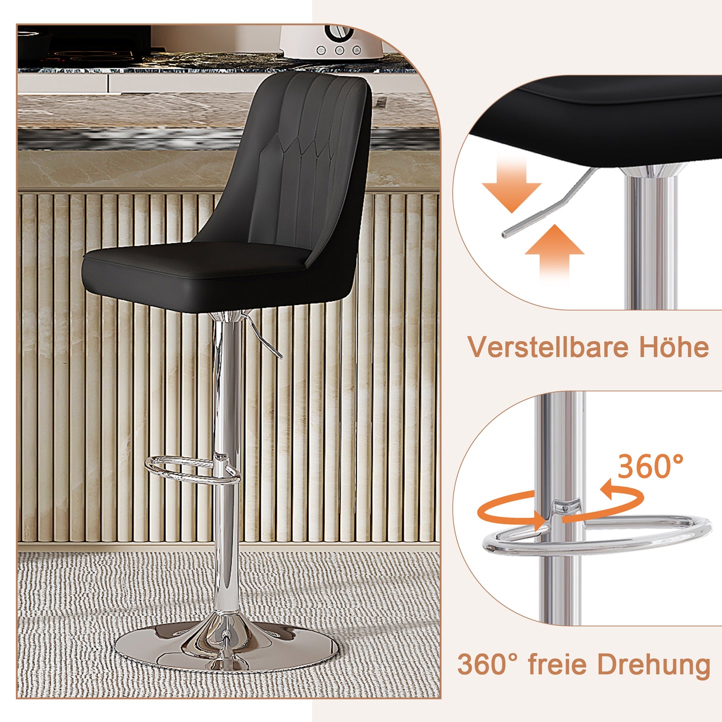 Height-adjustable Bar Stool In Set Of 2, 360 Swivel, Backrest With Black PU Leather And Quilted Pattern, Legs Made Of Silver Metal. Suitable For Kitchen Islands And Bar Counters.