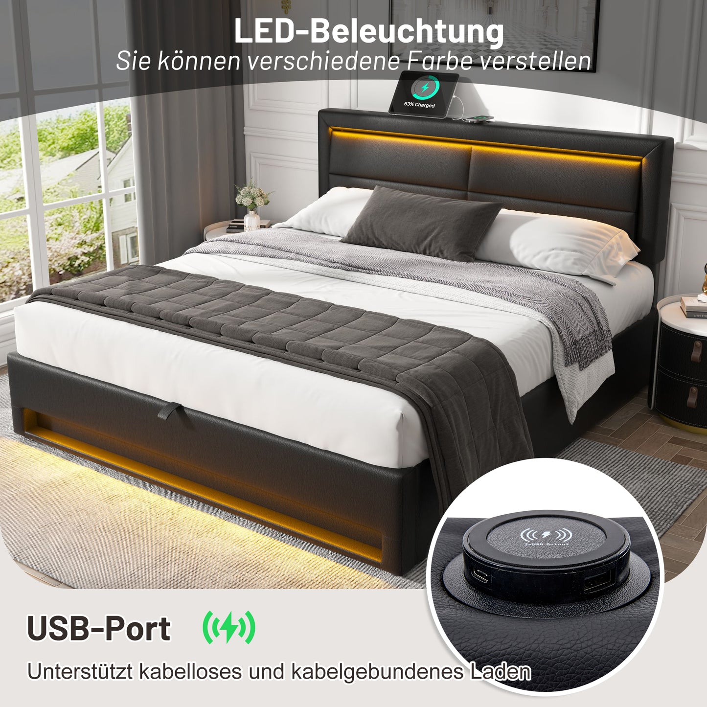 Upholstered Bed 140 X 190 Cm, With USB Port Supports Wireless And Wired Charging , With LED Lighting And Storage Space, Without Mattress, PU-Lychee Design, Black OLD SKU 3252956AAS