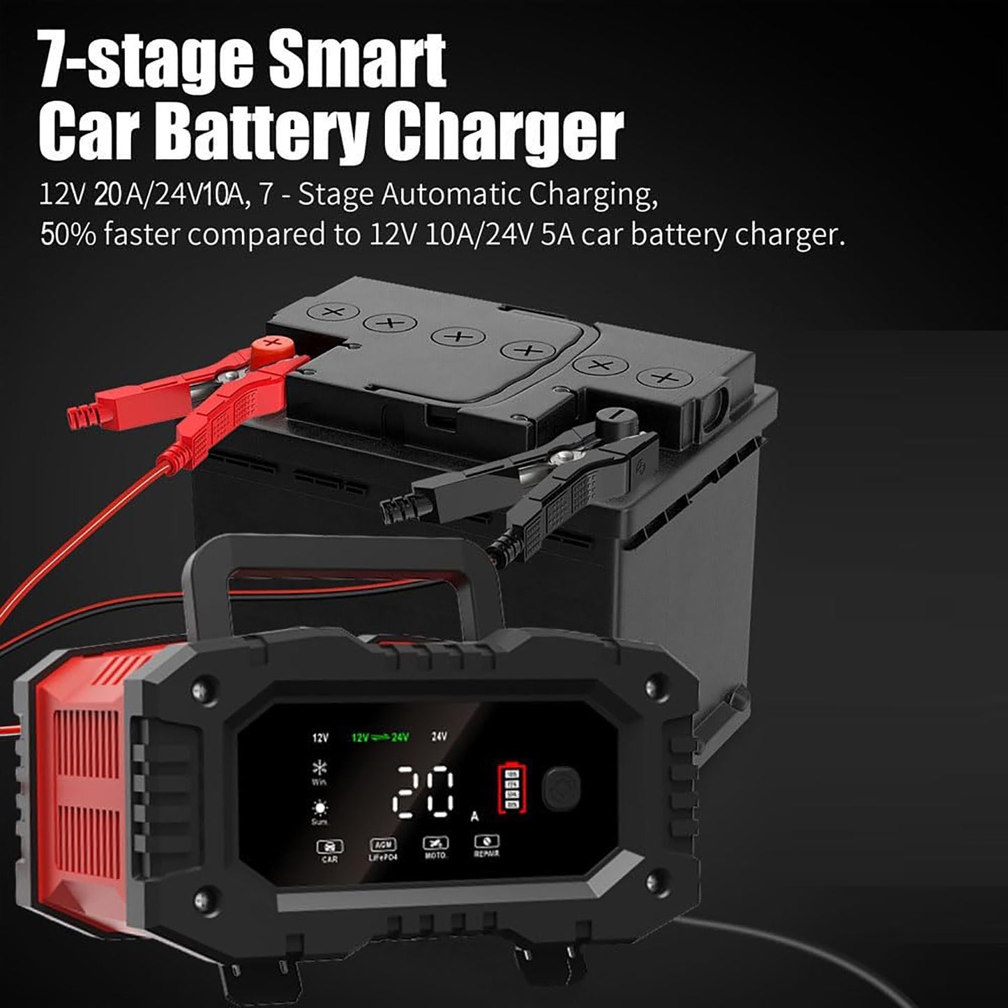 20A 12V 24V 20 Amp Car Battery Smart Charger For Lead Acid LiFePo4 AGM Battery