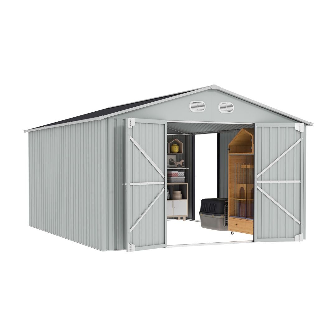 10x12 FT Outdoor Metal Storage Shed, Large Storage Sheds With Sturdy Frame Structure, Metal Garden Tool Shed With Lockable Door For Garden,Gift A Foldable Flower Pot Stand, Backyard, WHIT