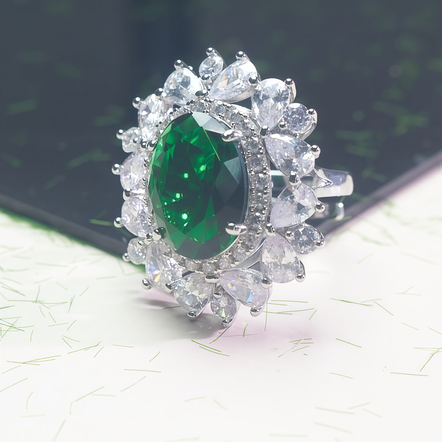 Oval Large Green Emerald CZ Multi-Petal Floral Halo Open Adjustable Statement Ring For Women, Copper Silver Plated Pear White Crystal Luxury Banquet Wedding Jewelry Gift