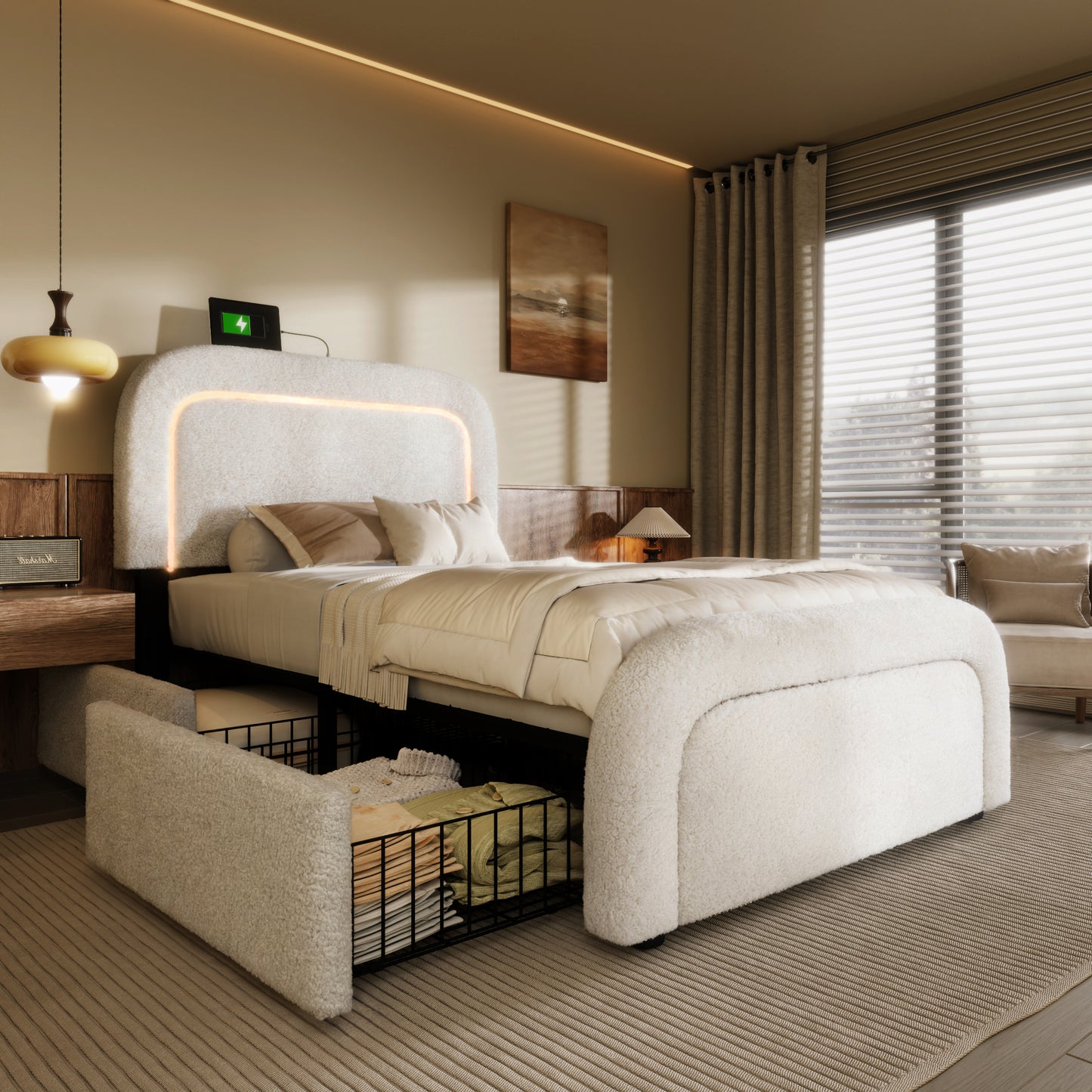 Bed Frame With USB Type-C Charging Function, LED Lighting And 2 Drawers, Single Bed, Upholstered Bed 90x200cm, Height-adjustable Headboard, Wooden Slatted Base, Sherp-White Without Mattress
