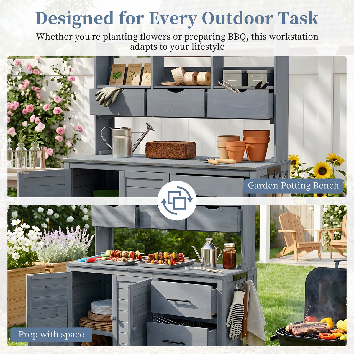 With Assembly Video TOPMAx Farmhouse Patio Potting Bench 44.6 X19.5 Large Freestanding Garden Workstation With 6 Drawers Bottom Cabinet And Side Hook Outdoor Kitchen Island Gray