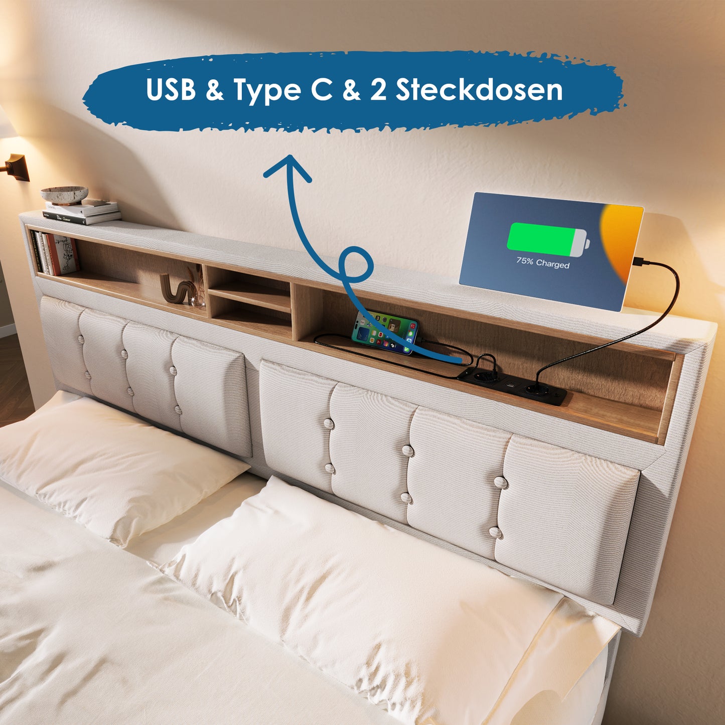 Upholstered Bed Double Bed With USB C Socket Charging Function Headboard, Storage Beds Bed Frame Made Of Linen Material Youth Bed 160x200 With Slatted Base Without Mattress