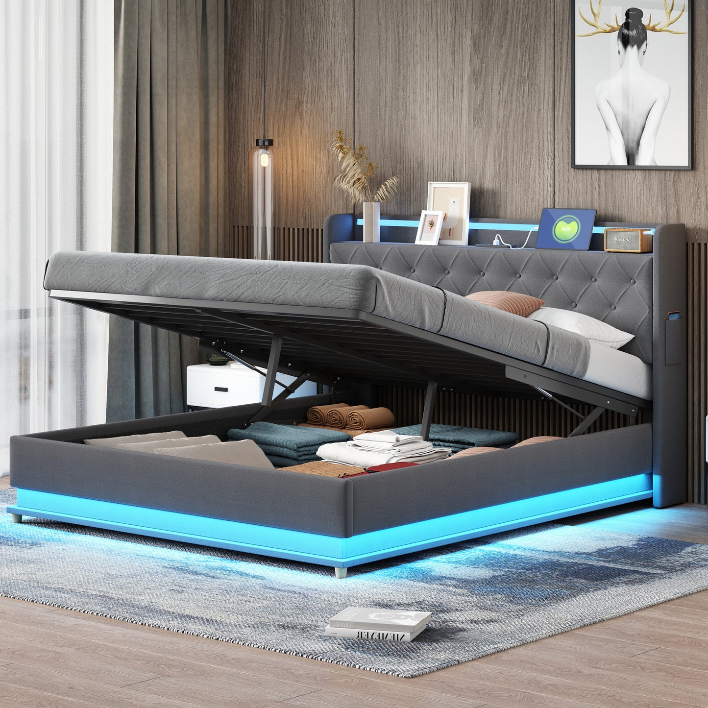 LED Upholstered Bed 160X200 Cm With USB Charging Port And Hydraulic Storage, Skin-friendly Linen Fabric Grey