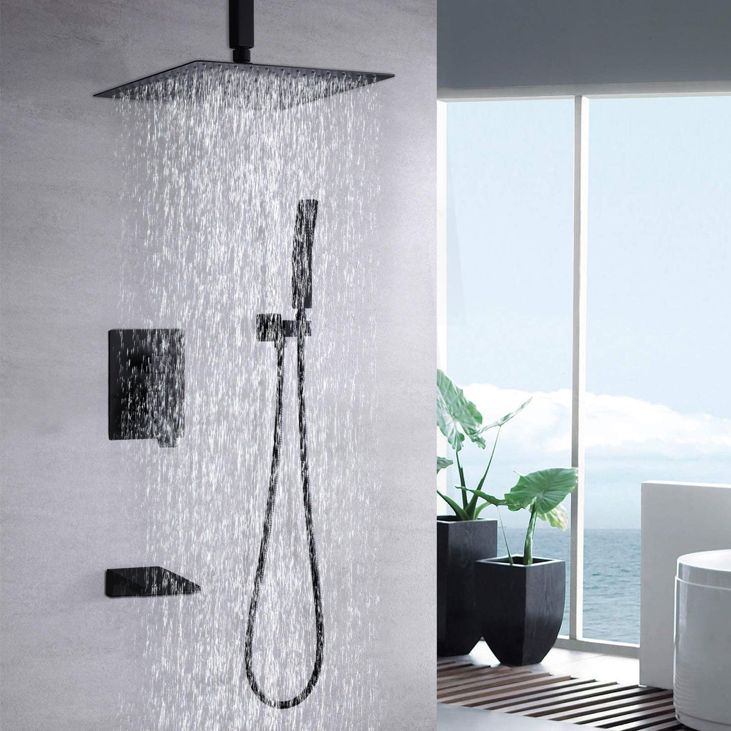 Matte Black Shower System Wall Mount Shower Faucet Set For Bathroom 10 Inch High Pressure Luxury Shower Head With Handheld, Rough-in Valve Body And Trim Included