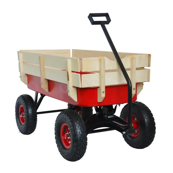 Outdoor Sport Wagon Tools Cart Wooden Side Panels Air Tires Wagon - Red